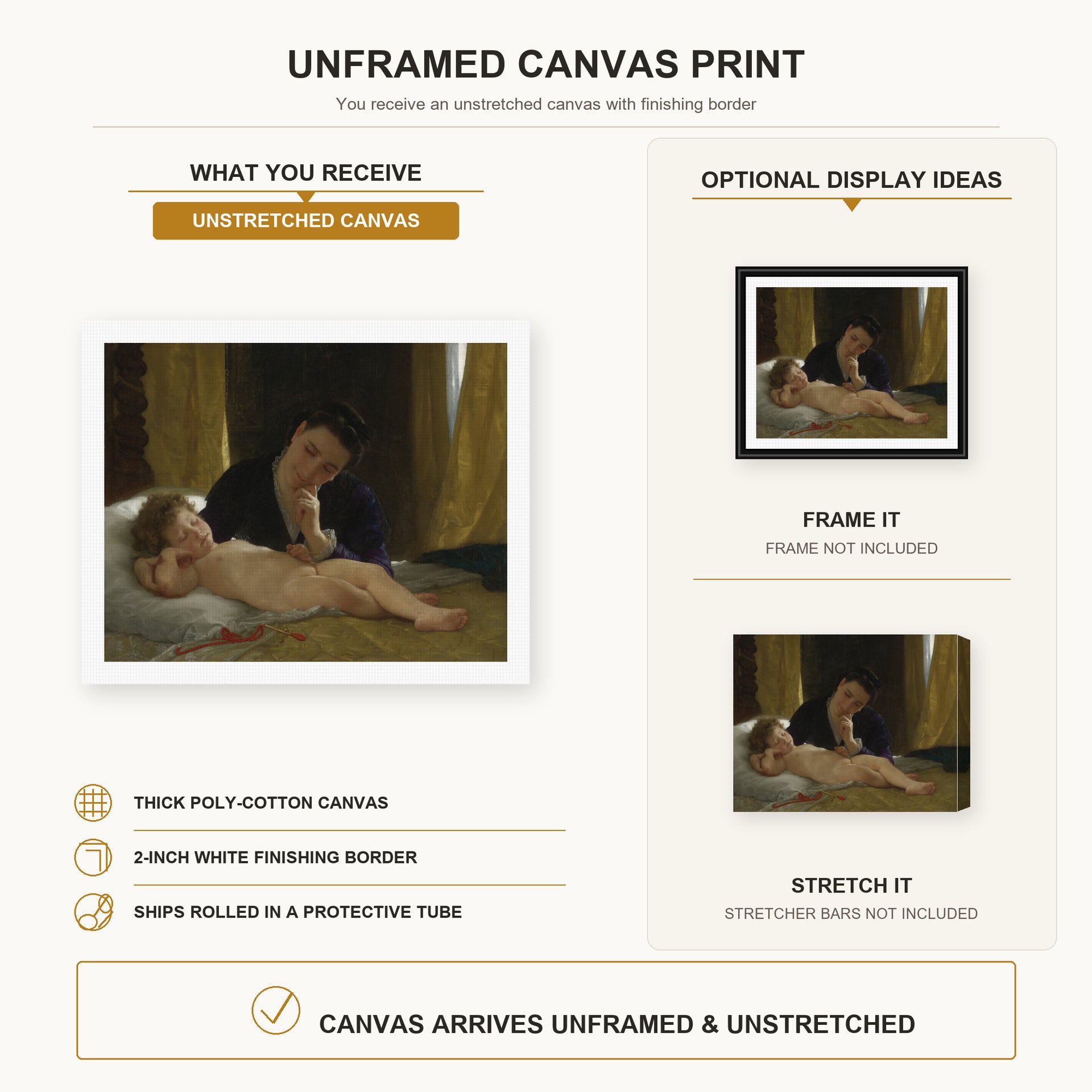 William-Adolphe Bouguereau - Young Mother Contemplating her Child canvas print size comparison and framing display infographic