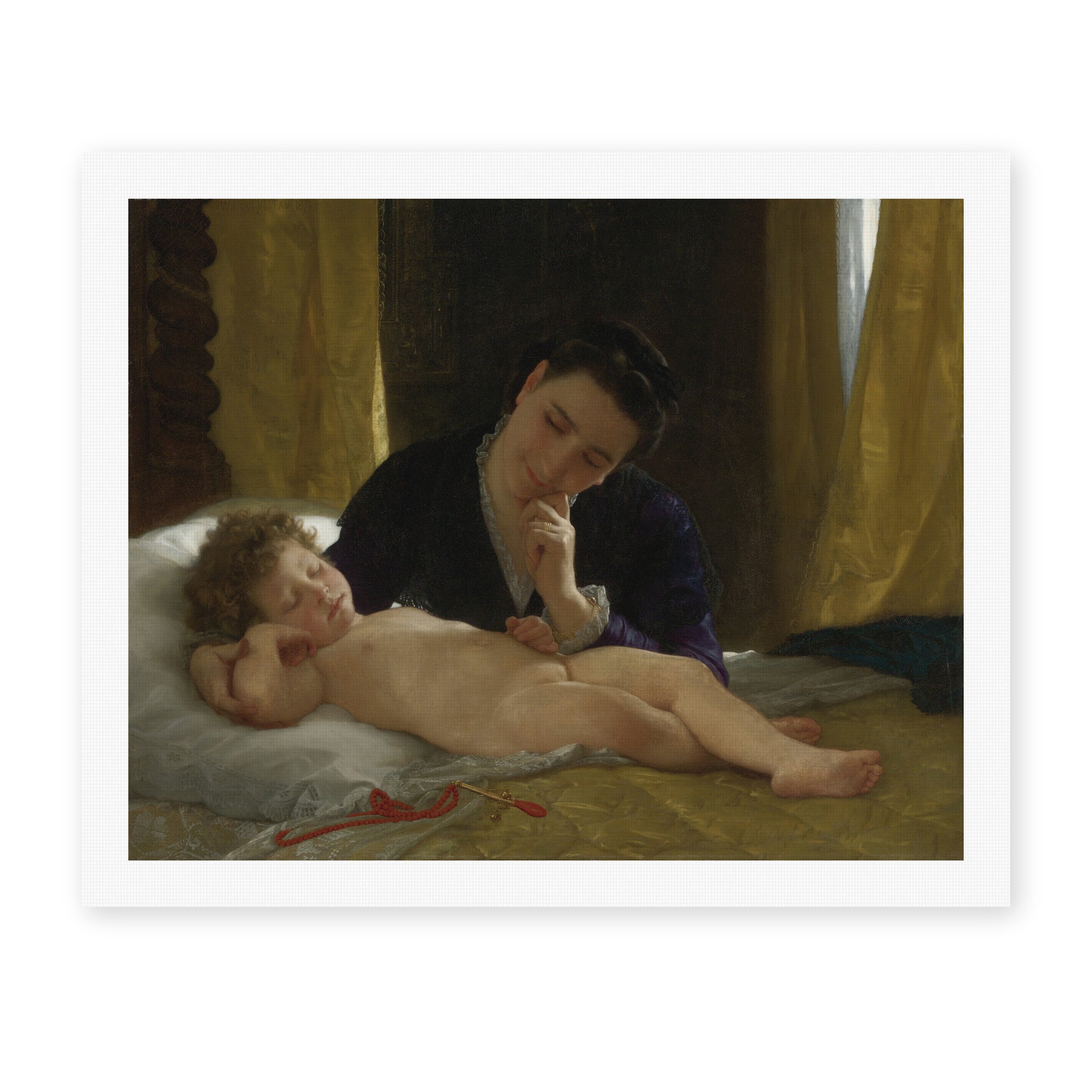 William-Adolphe Bouguereau's 'Young Mother Contemplating her Child' painting reproduced as a rolled canvas print