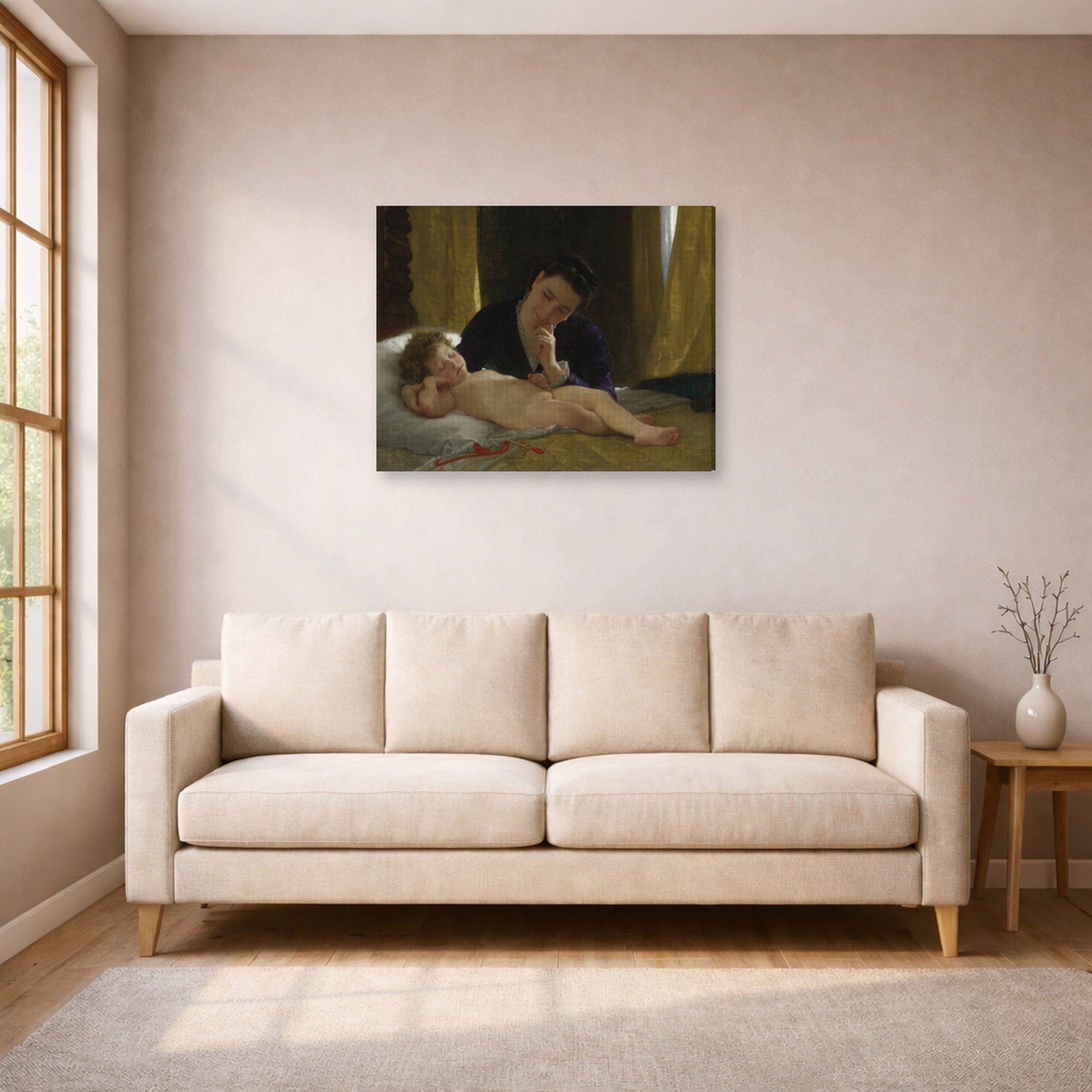 Gallery-wrapped canvas print of William-Adolphe Bouguereau's Young Mother Contemplating her Child displayed on a wall in a living room