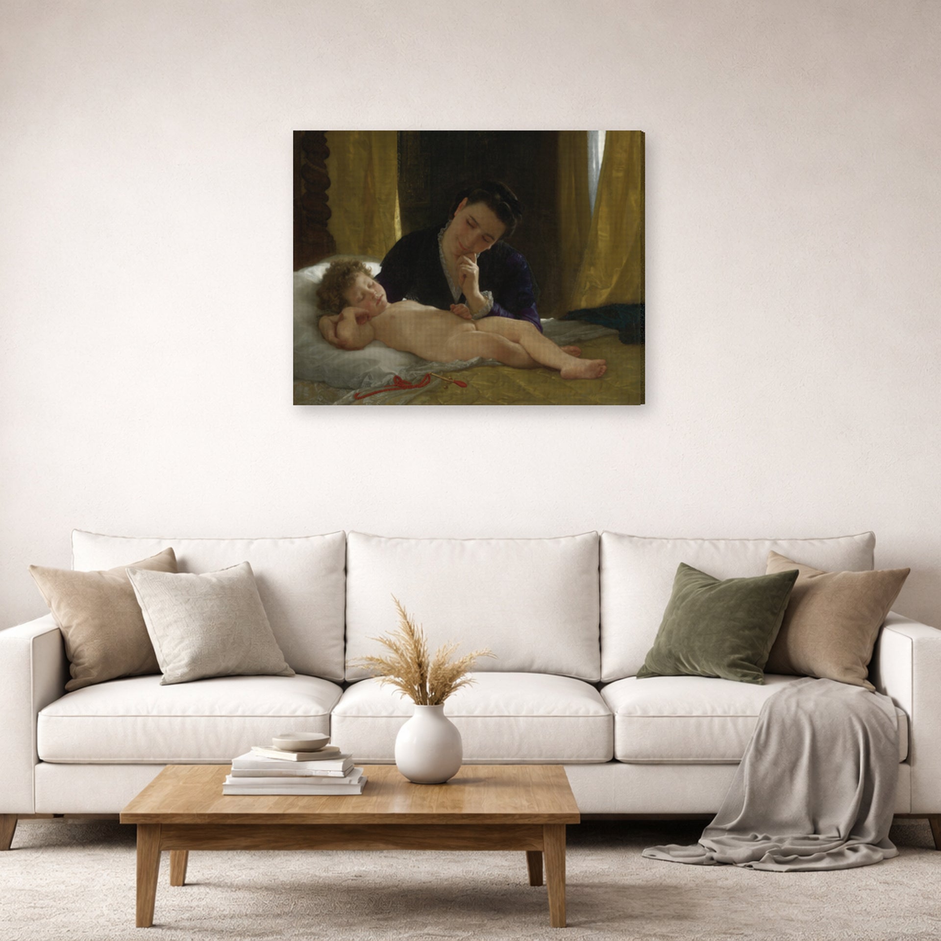 Gallery-wrapped canvas print of William-Adolphe Bouguereau's Young Mother Contemplating her Child displayed on a wall in a second living room setting