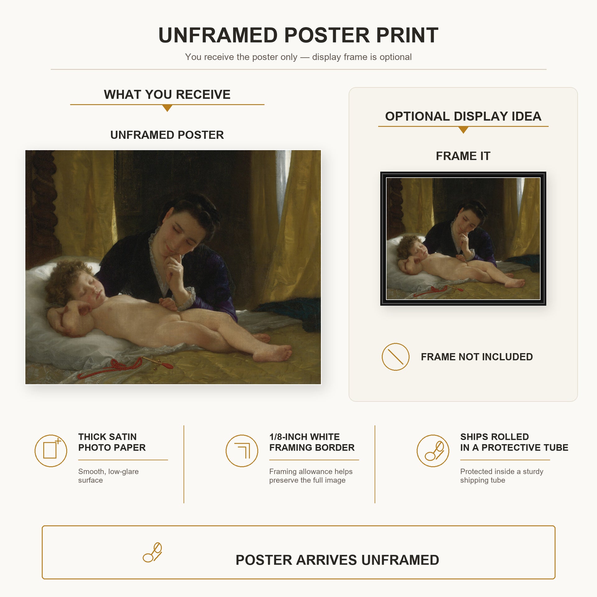 William-Adolphe Bouguereau - Young Mother Contemplating her Child poster print size comparison and framing display infographic