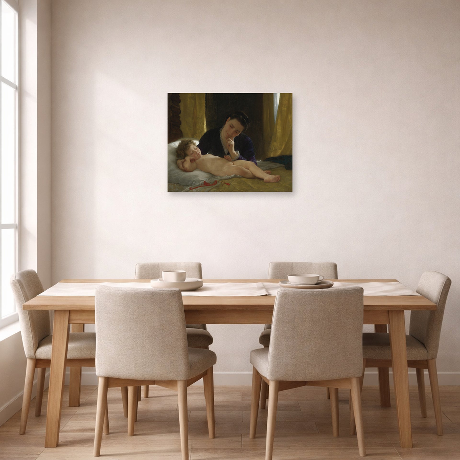 Unframed poster print of William-Adolphe Bouguereau's Young Mother Contemplating her Child displayed on a wall in a dining room