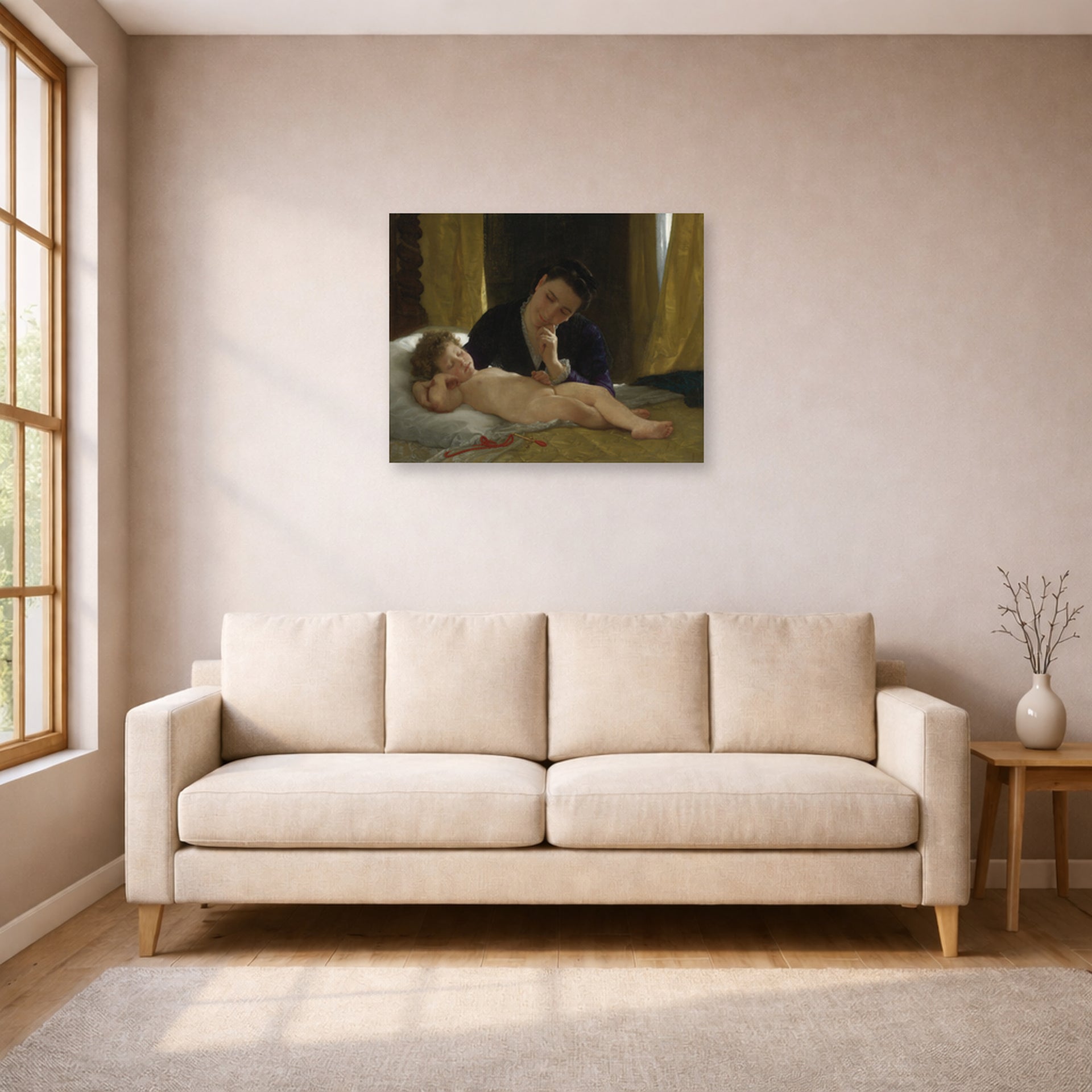 Unframed poster print of William-Adolphe Bouguereau's Young Mother Contemplating her Child displayed on a wall in a living room