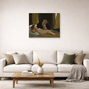 Unframed poster print of William-Adolphe Bouguereau's Young Mother Contemplating her Child displayed on a wall in a second living room setting