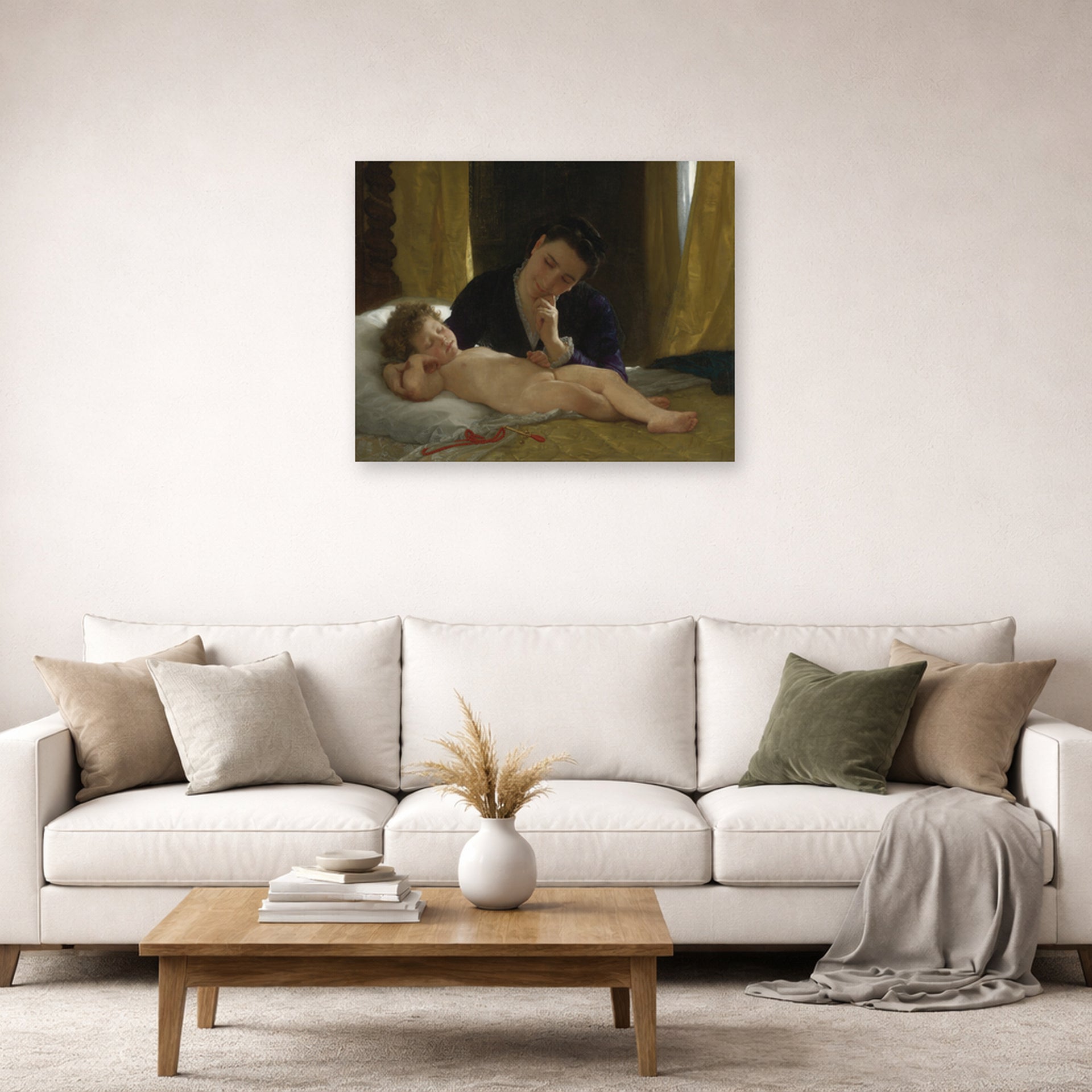 Unframed poster print of William-Adolphe Bouguereau's Young Mother Contemplating her Child displayed on a wall in a second living room setting
