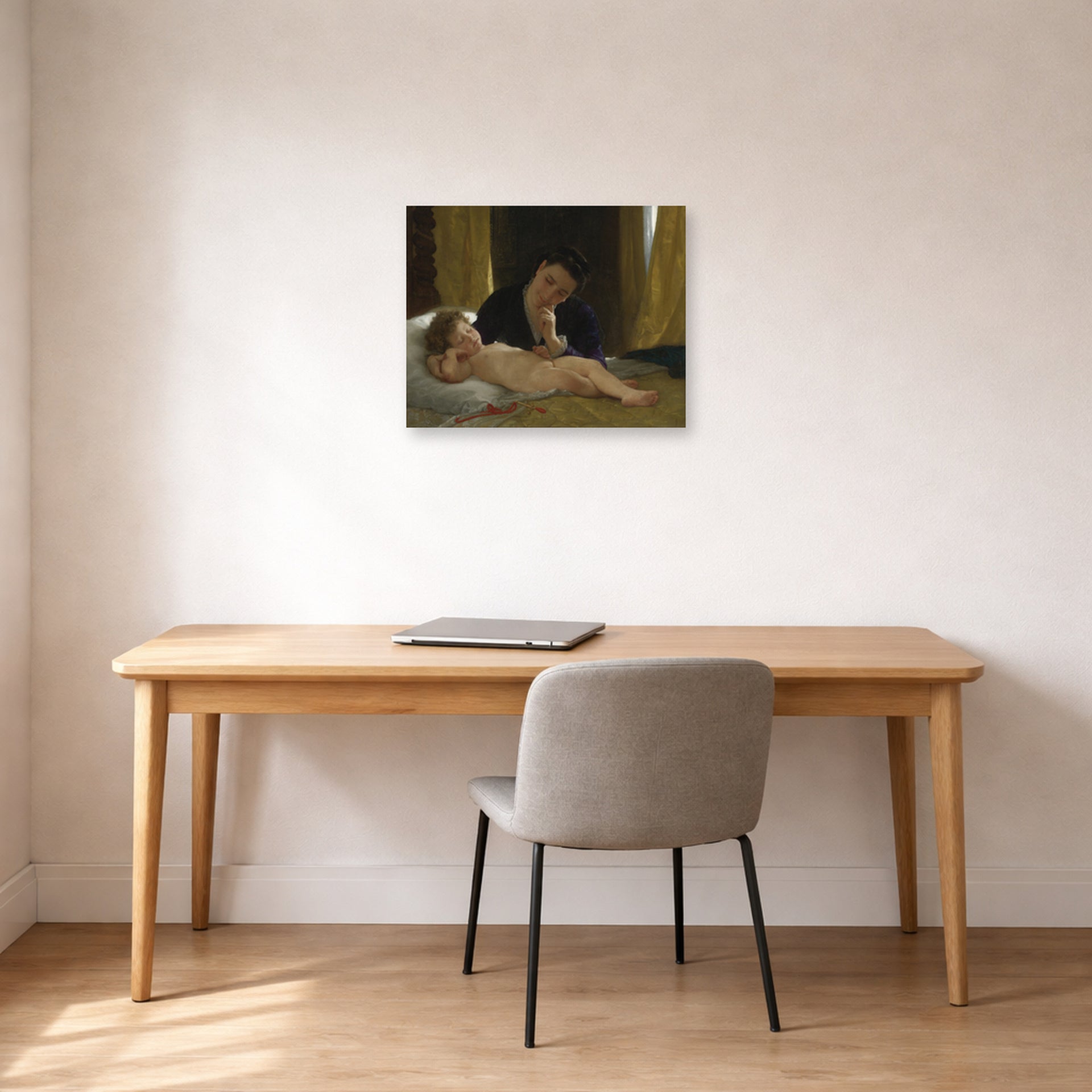 Unframed poster print of William-Adolphe Bouguereau's Young Mother Contemplating her Child displayed on a wall in a office