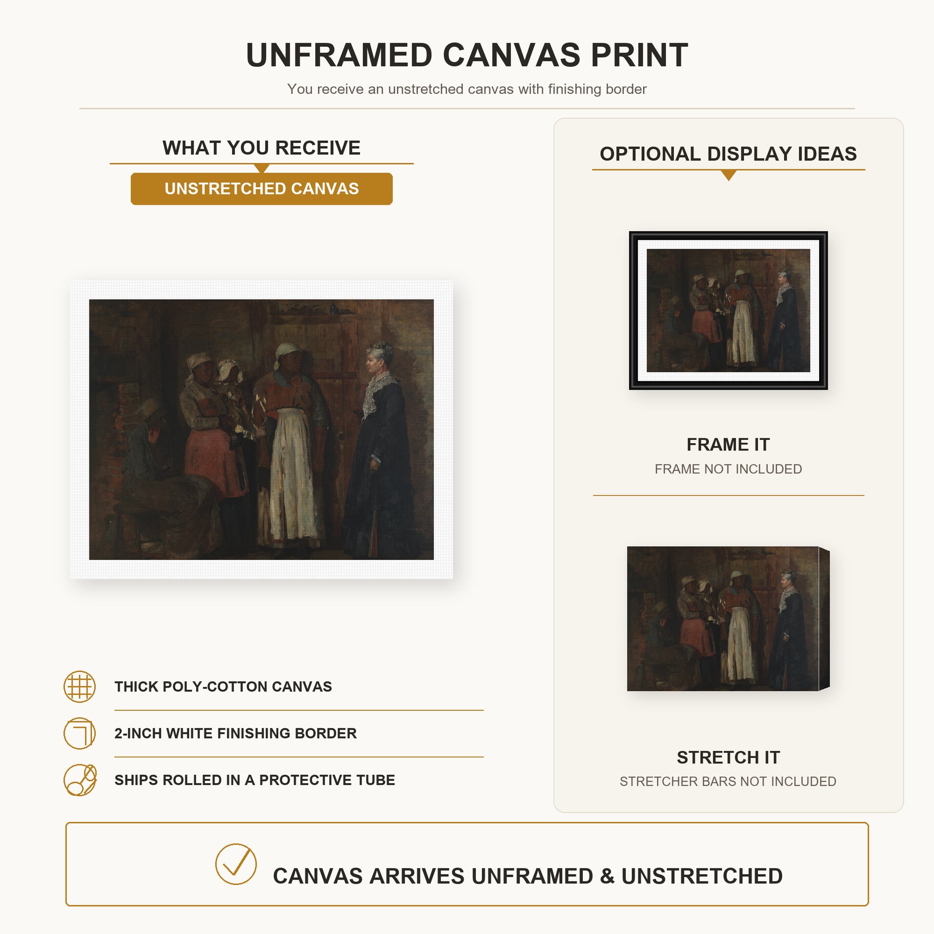 Winslow Homer - A Visit from the Old Mistress canvas print size comparison and framing display infographic