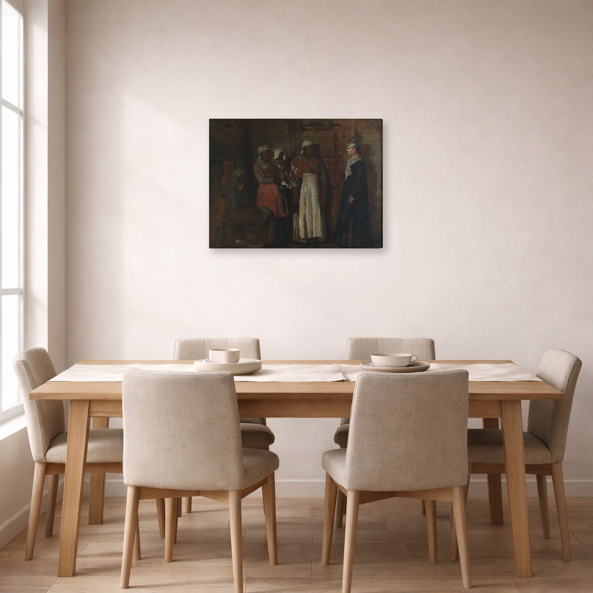 Gallery-wrapped canvas print of Winslow Homer's A Visit from the Old Mistress displayed on a wall in a dining room