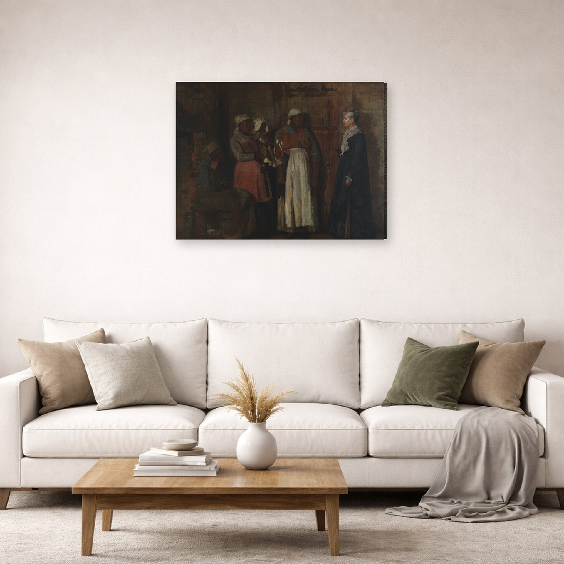 Gallery-wrapped canvas print of Winslow Homer's A Visit from the Old Mistress displayed on a wall in a living room