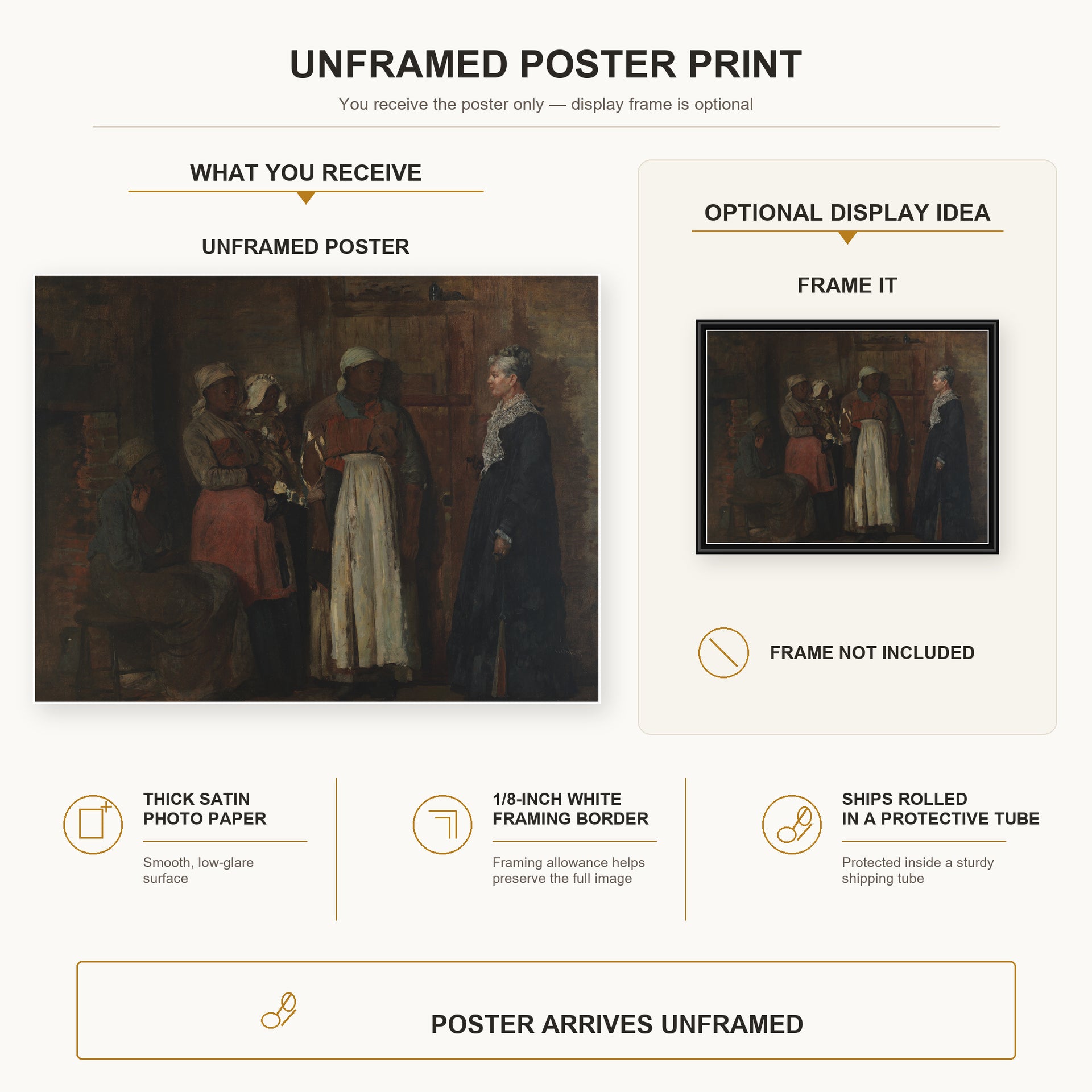 Winslow Homer - A Visit from the Old Mistress poster print size comparison and framing display infographic