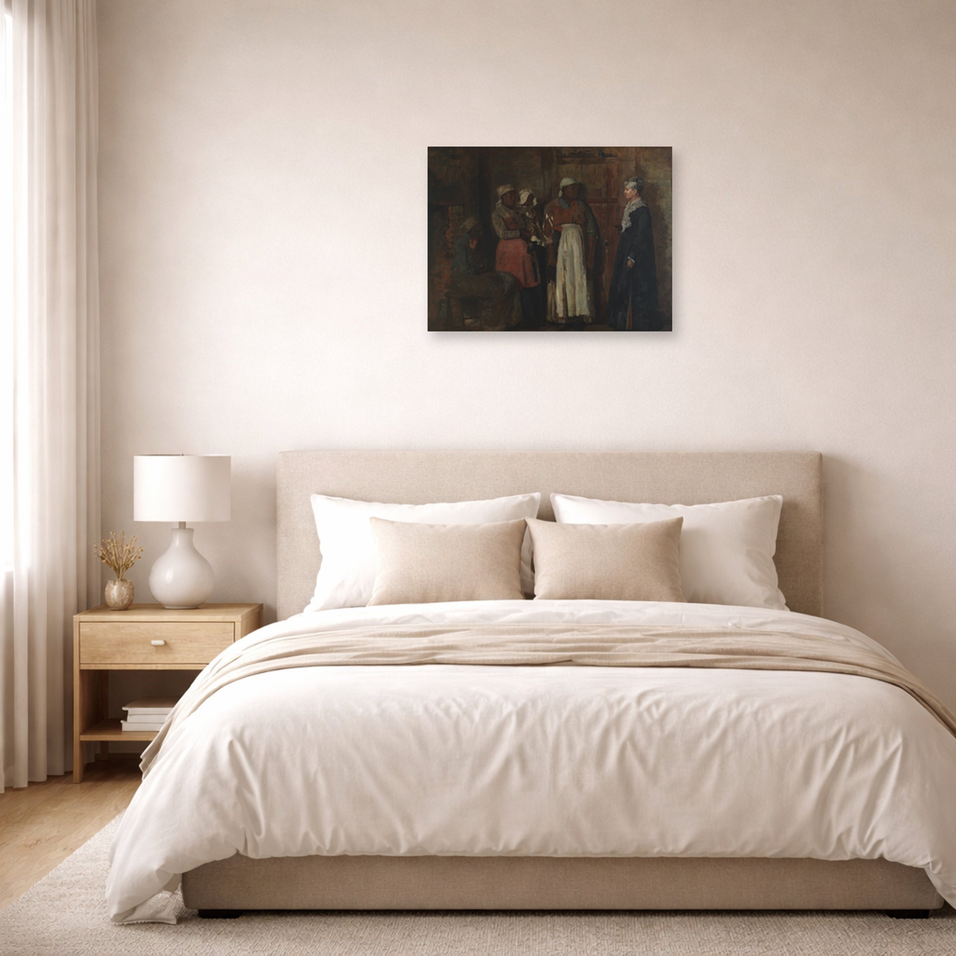 Unframed poster print of Winslow Homer's A Visit from the Old Mistress displayed on a wall in a bedroom