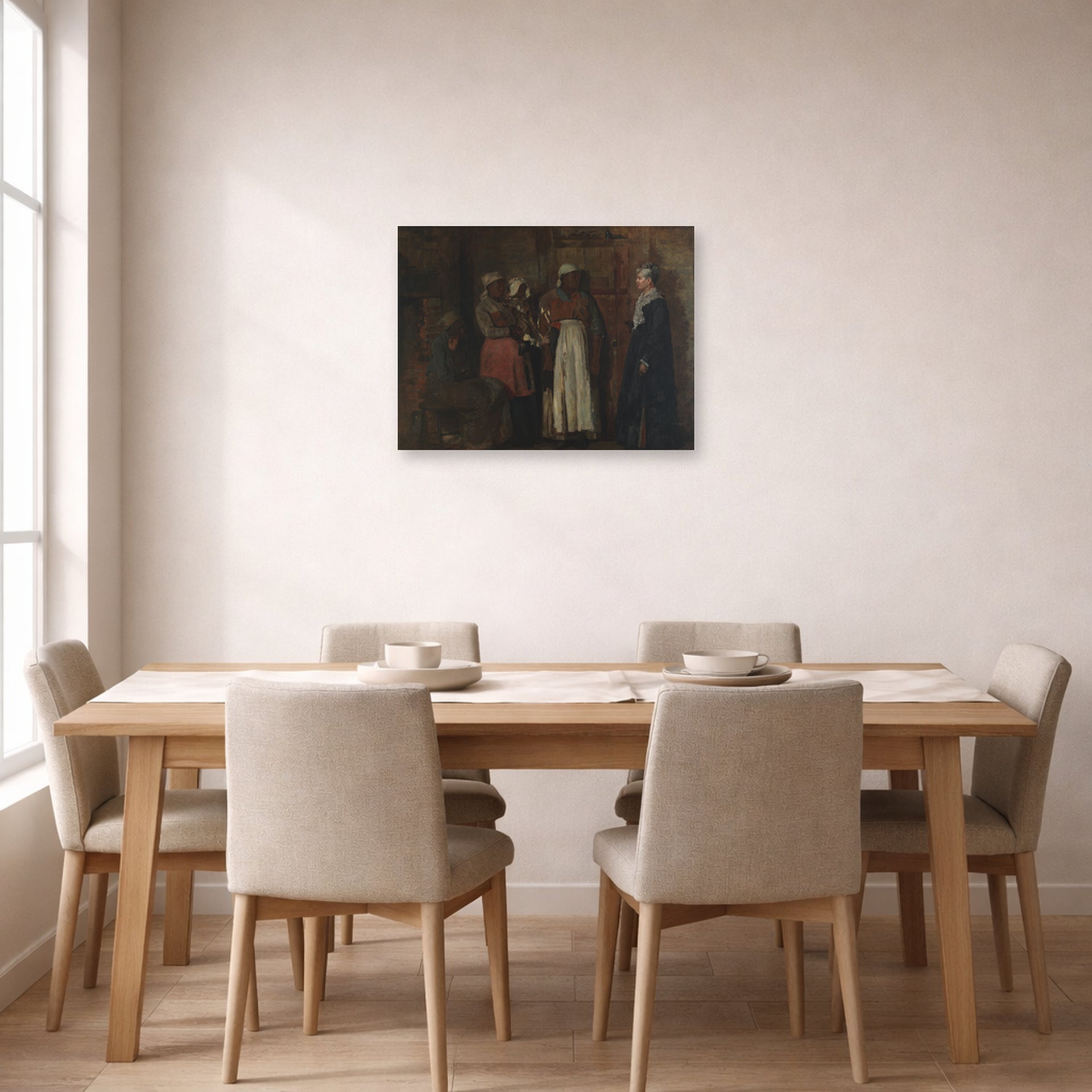 Unframed poster print of Winslow Homer's A Visit from the Old Mistress displayed on a wall in a dining room