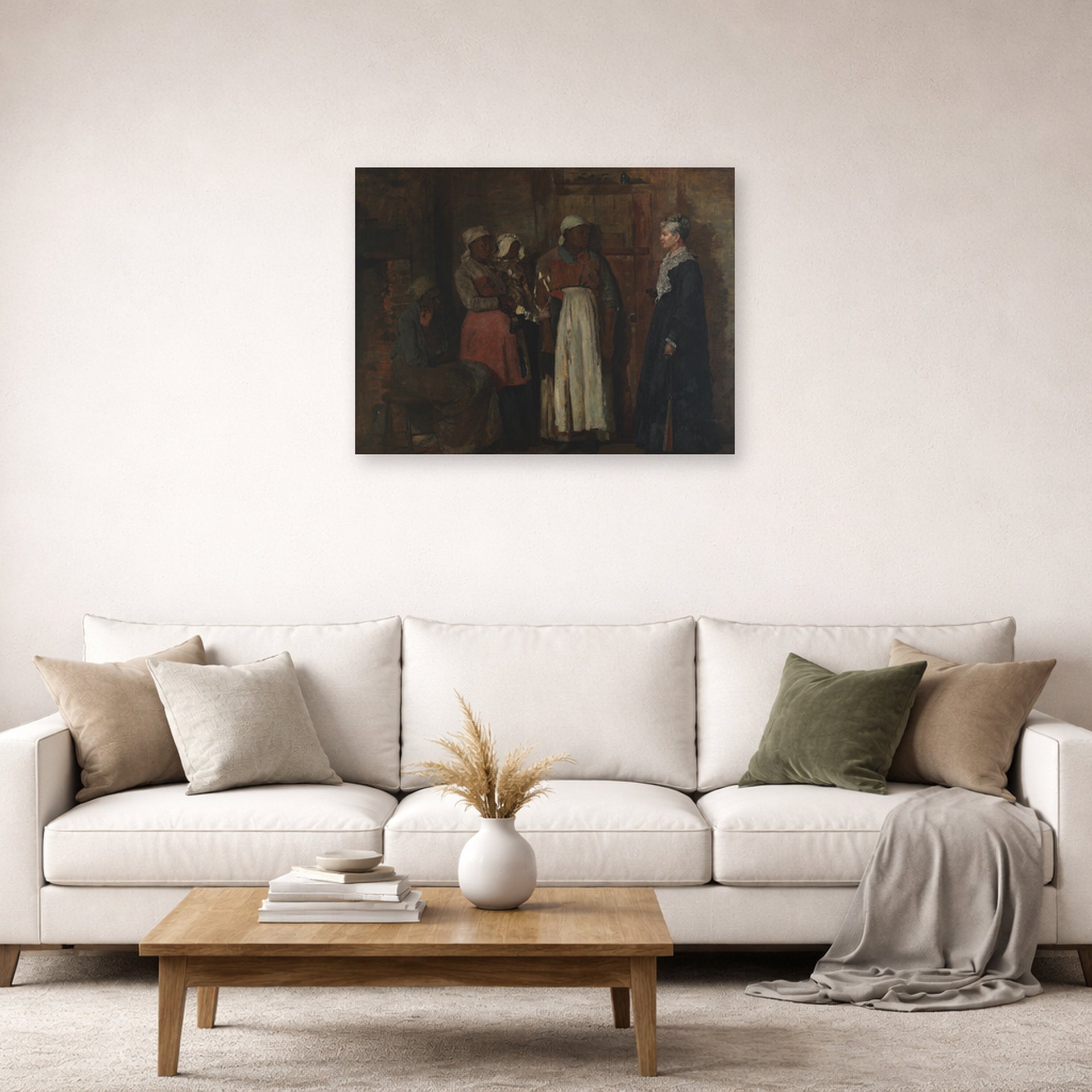 Unframed poster print of Winslow Homer's A Visit from the Old Mistress displayed on a wall in a living room