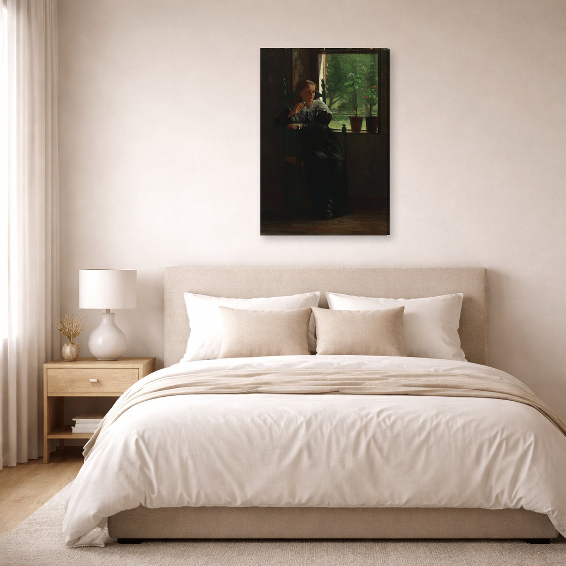 Gallery-wrapped canvas print of Winslow Homer's At the Window displayed on a wall in a bedroom