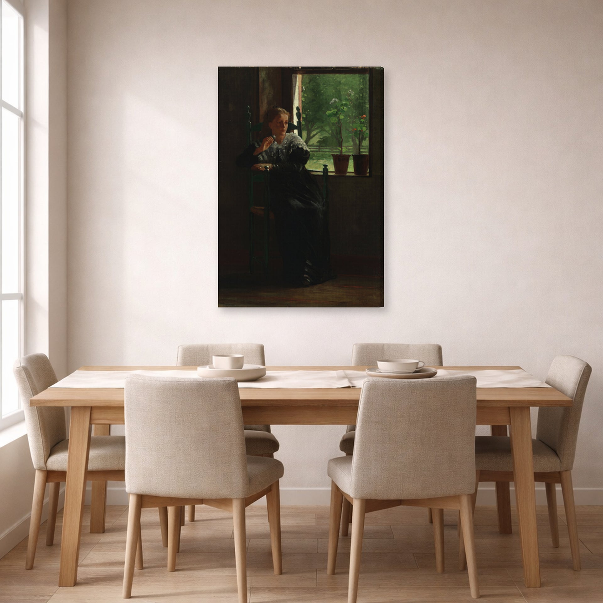 Gallery-wrapped canvas print of Winslow Homer's At the Window displayed on a wall in a dining room