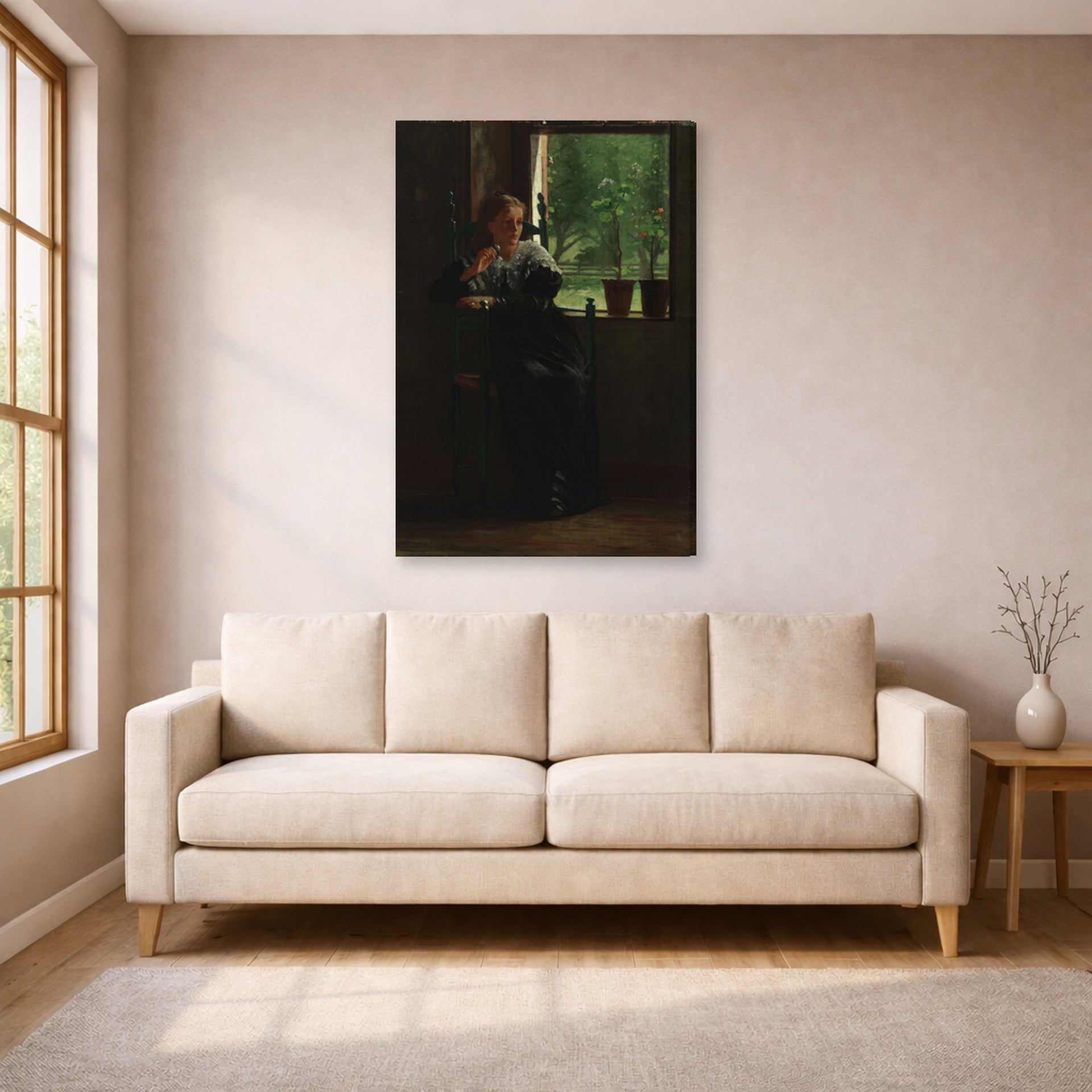 Gallery-wrapped canvas print of Winslow Homer's At the Window displayed on a wall in a living room