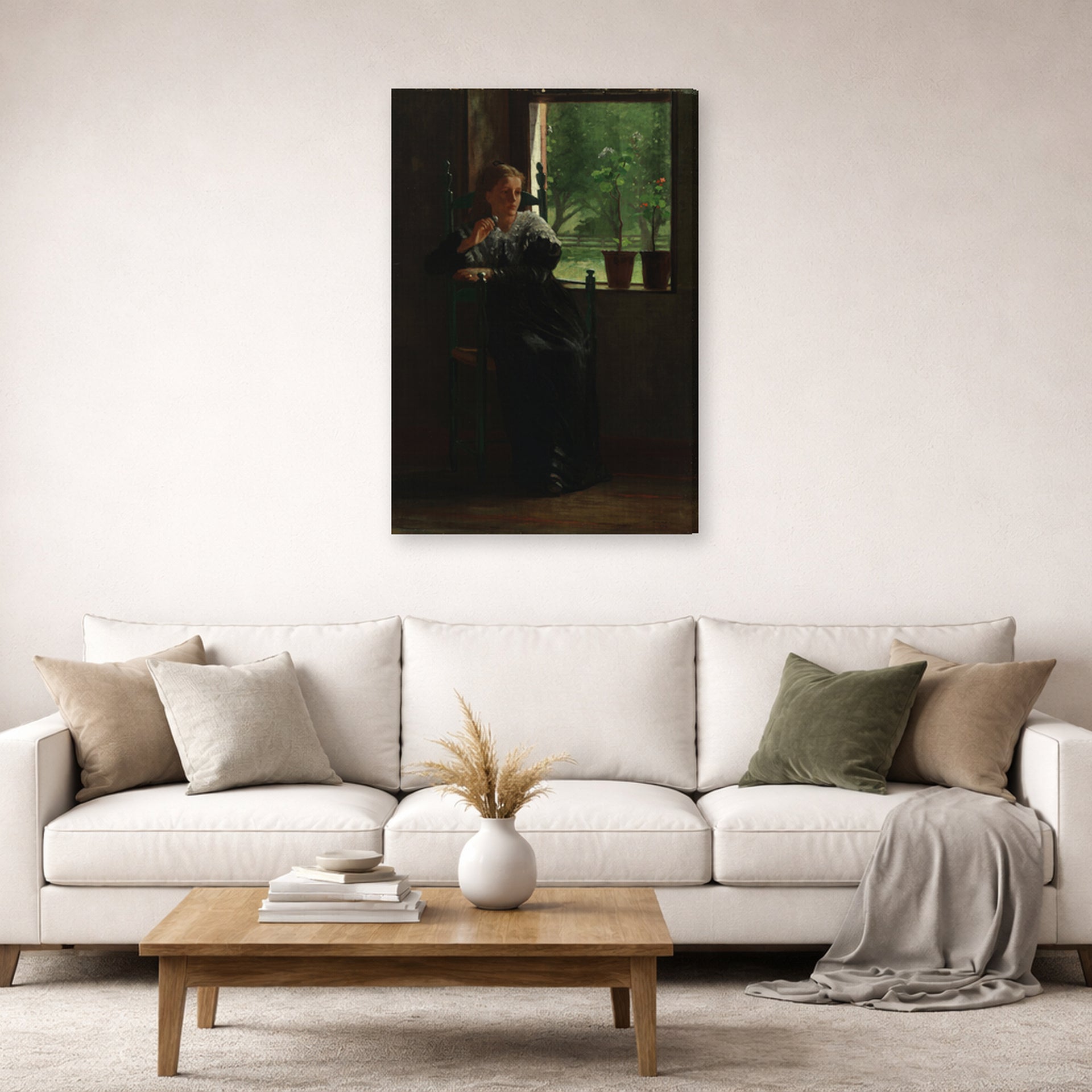 Gallery-wrapped canvas print of Winslow Homer's At the Window displayed on a wall in a living room