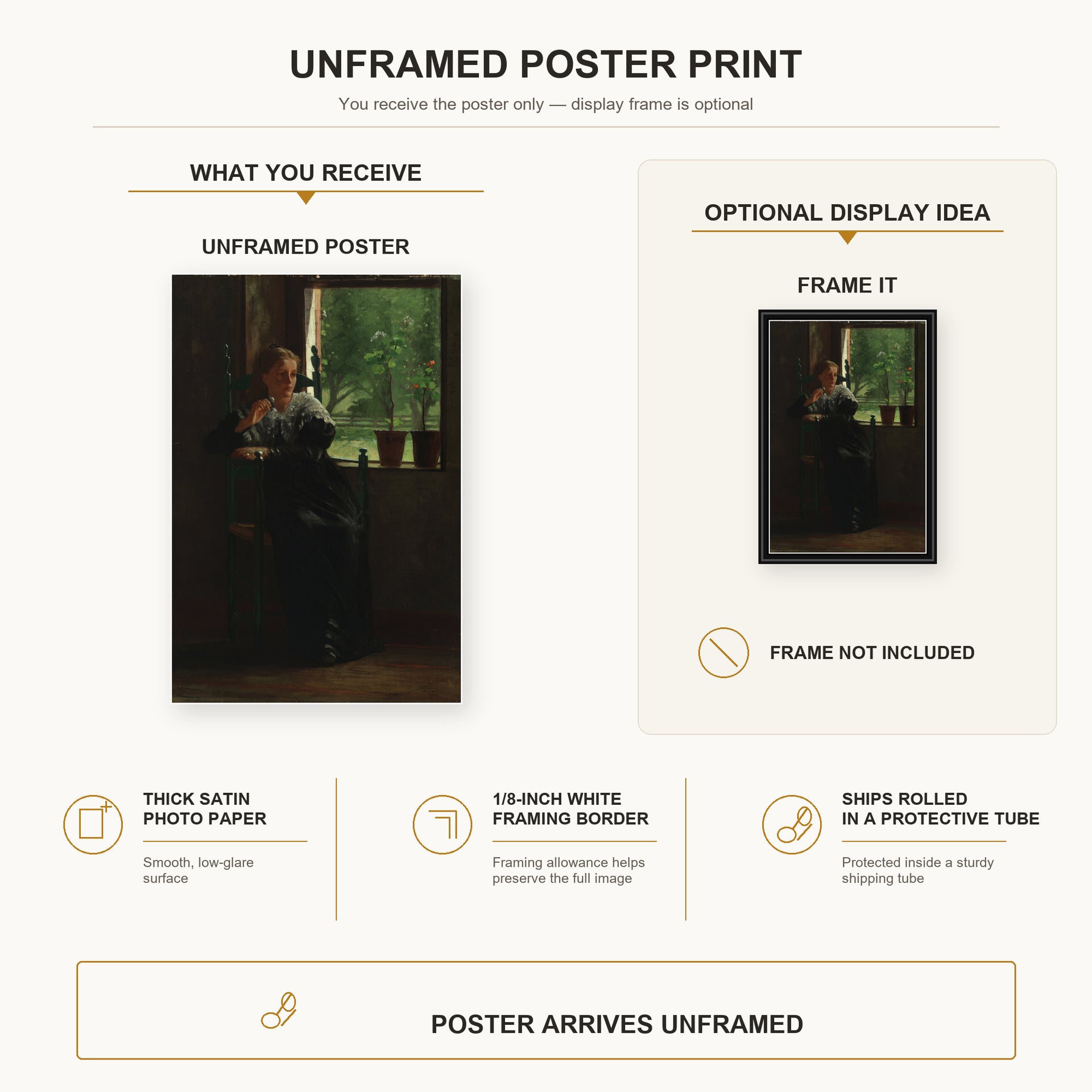 Winslow Homer - At the Window poster print size comparison and framing display infographic