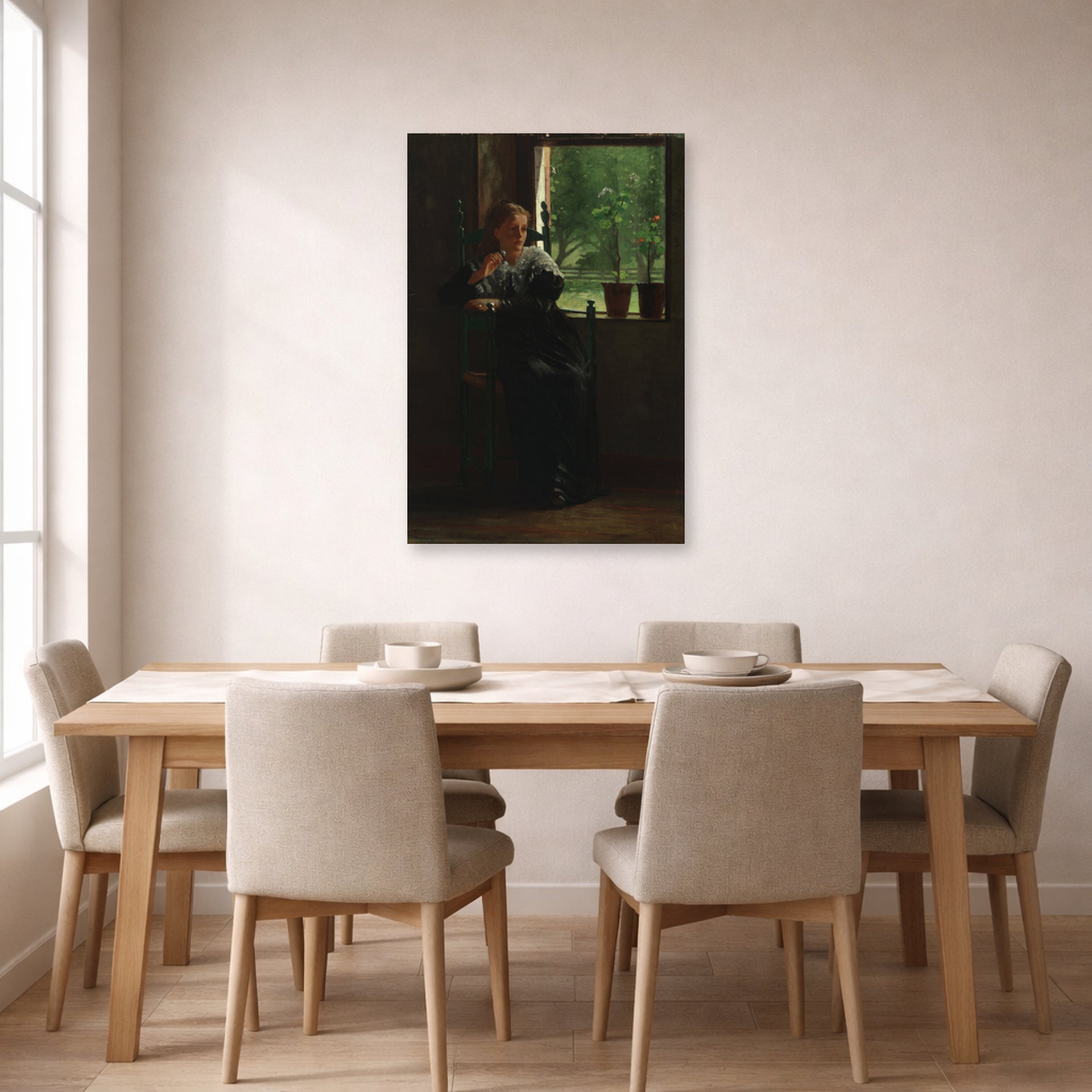 Unframed poster print of Winslow Homer's At the Window displayed on a wall in a dining room