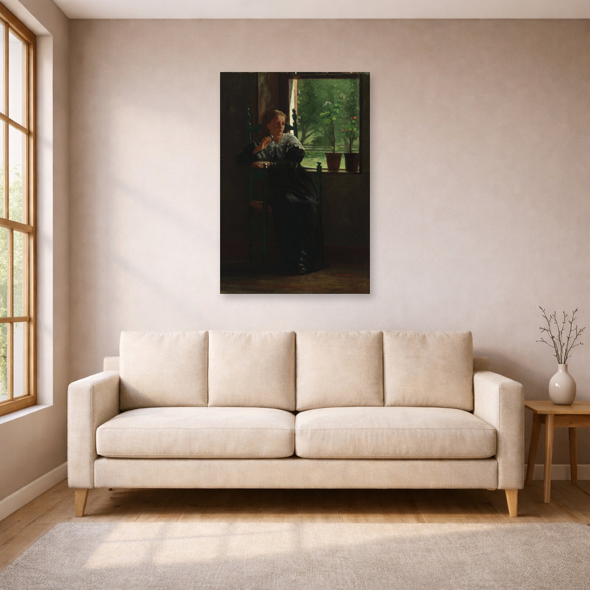 Unframed poster print of Winslow Homer's At the Window displayed on a wall in a living room