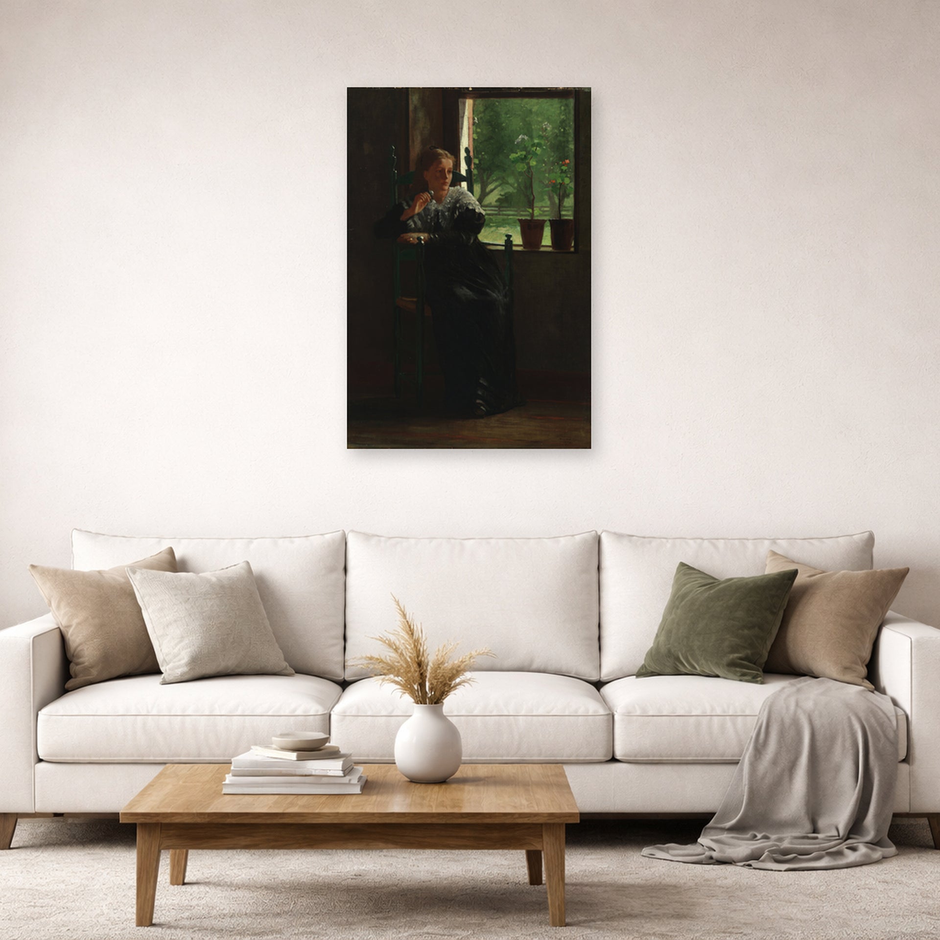 Unframed poster print of Winslow Homer's At the Window displayed on a wall in a living room