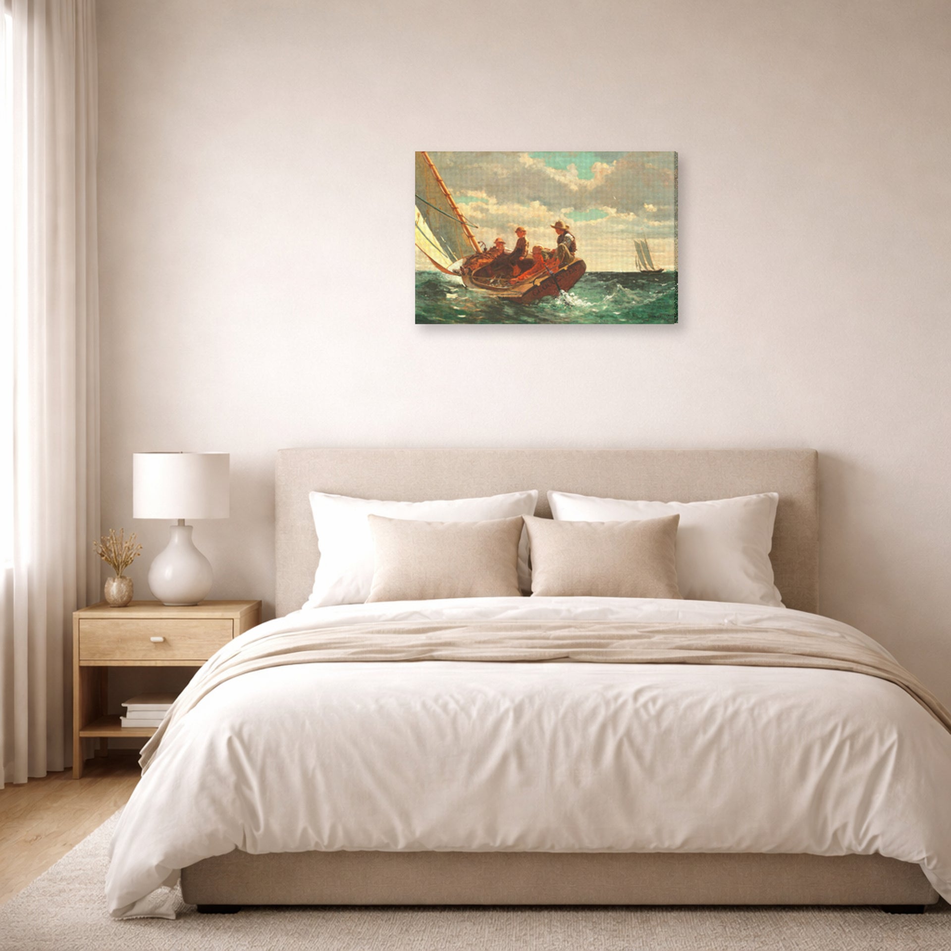 Gallery-wrapped canvas print of Winslow Homer's Breezing Up displayed on a wall in a bedroom