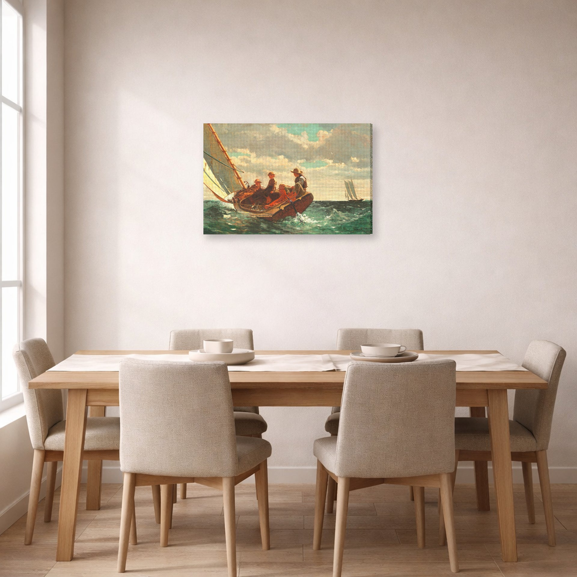 Gallery-wrapped canvas print of Winslow Homer's Breezing Up displayed on a wall in a dining room