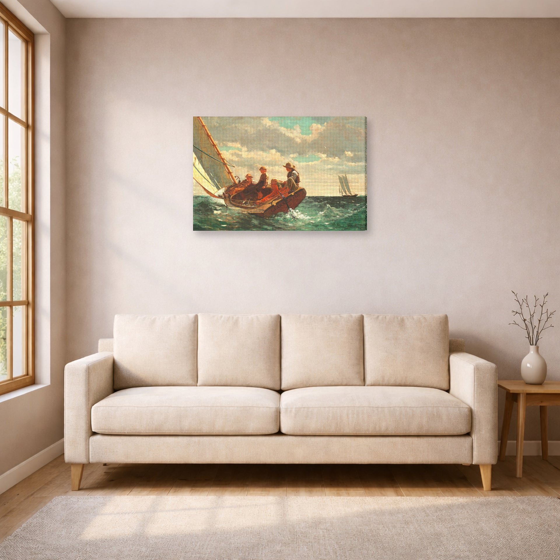 Gallery-wrapped canvas print of Winslow Homer's Breezing Up displayed on a wall in a living room