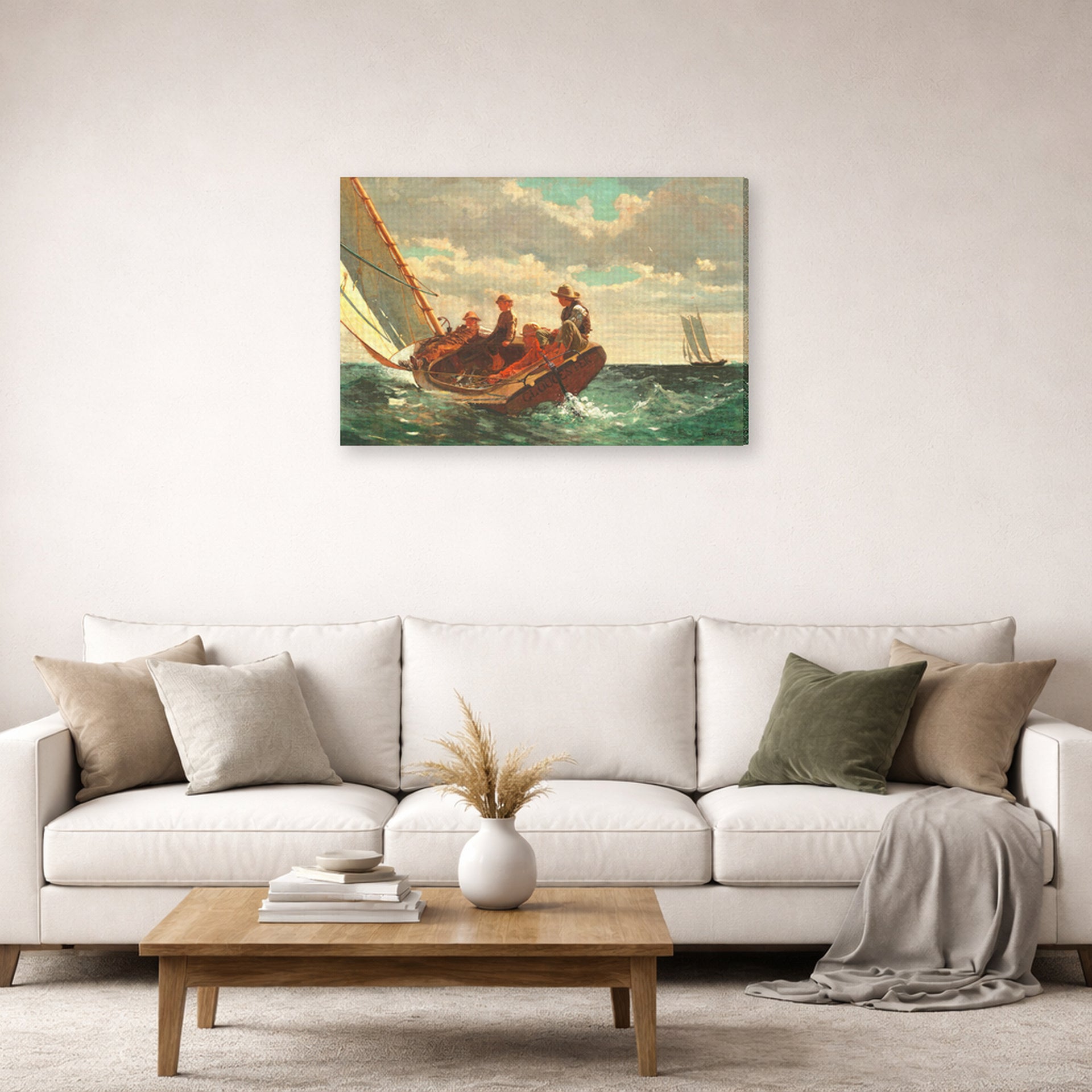 Gallery-wrapped canvas print of Winslow Homer's Breezing Up displayed on a wall in a living room