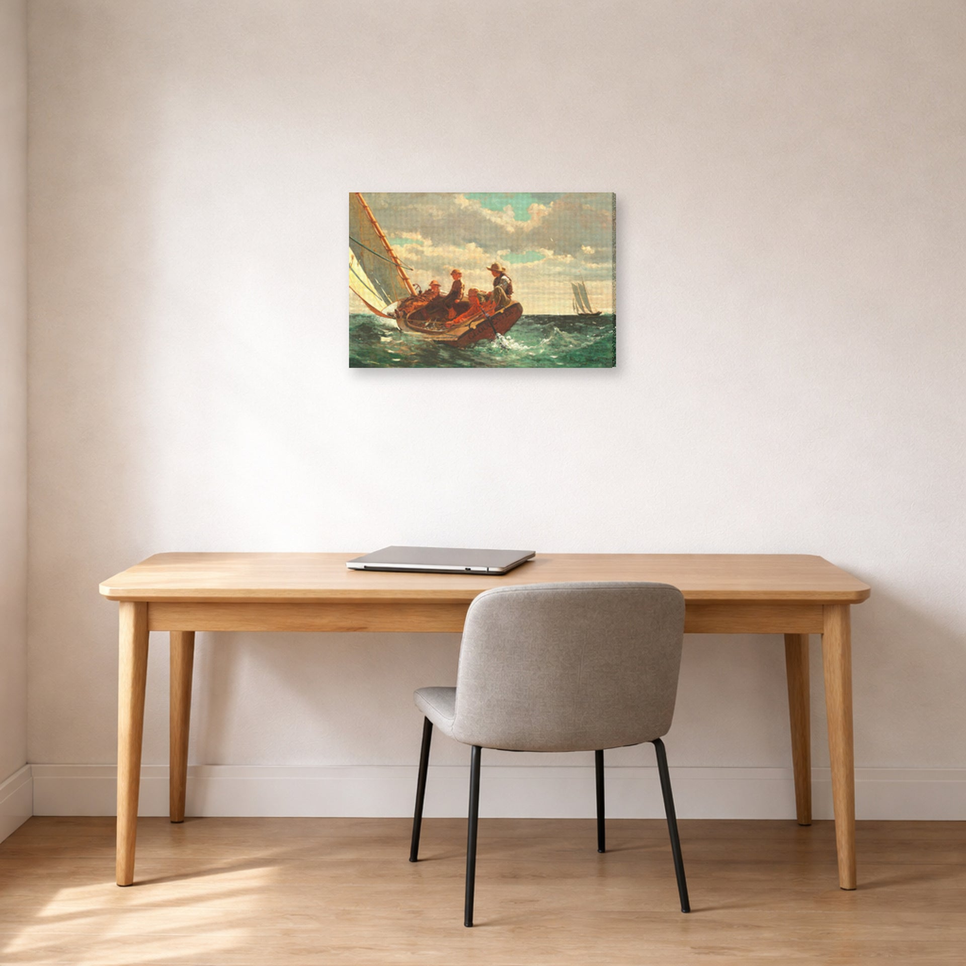 Gallery-wrapped canvas print of Winslow Homer's Breezing Up displayed on a wall in an office