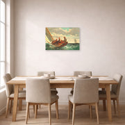 Unframed poster print of Winslow Homer's Breezing Up displayed on a wall in a dining room