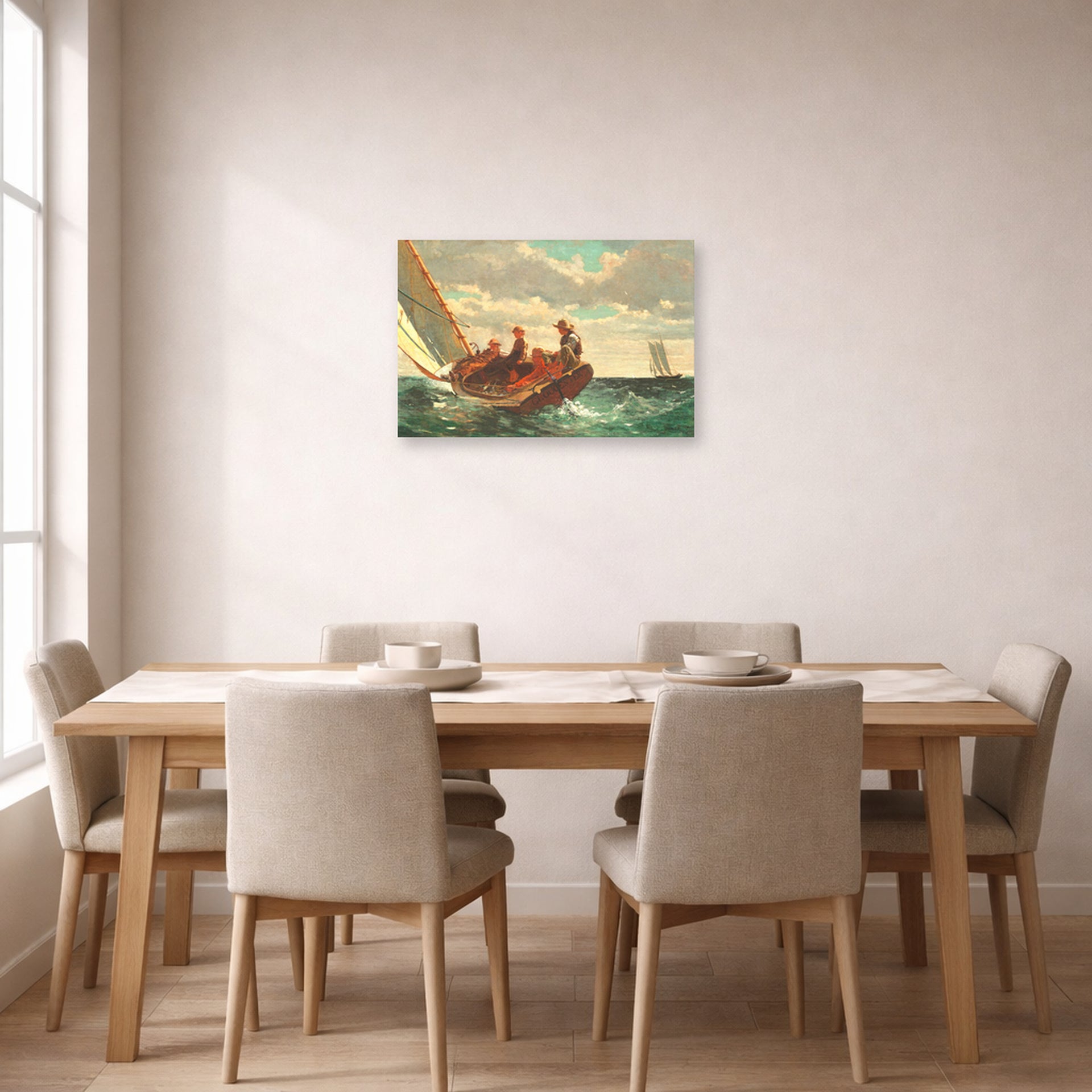 Unframed poster print of Winslow Homer's Breezing Up displayed on a wall in a dining room