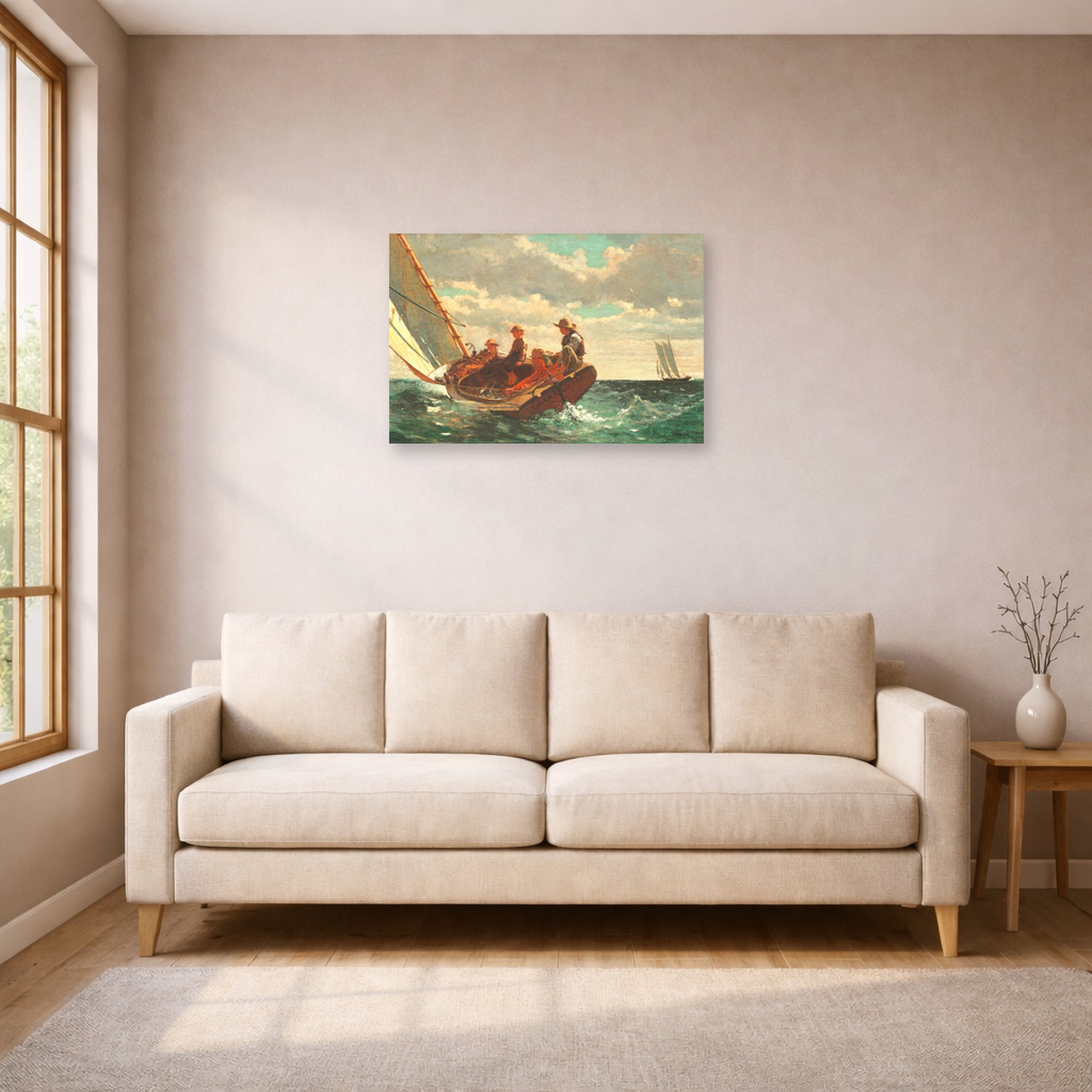 Unframed poster print of Winslow Homer's Breezing Up displayed on a wall in a living room