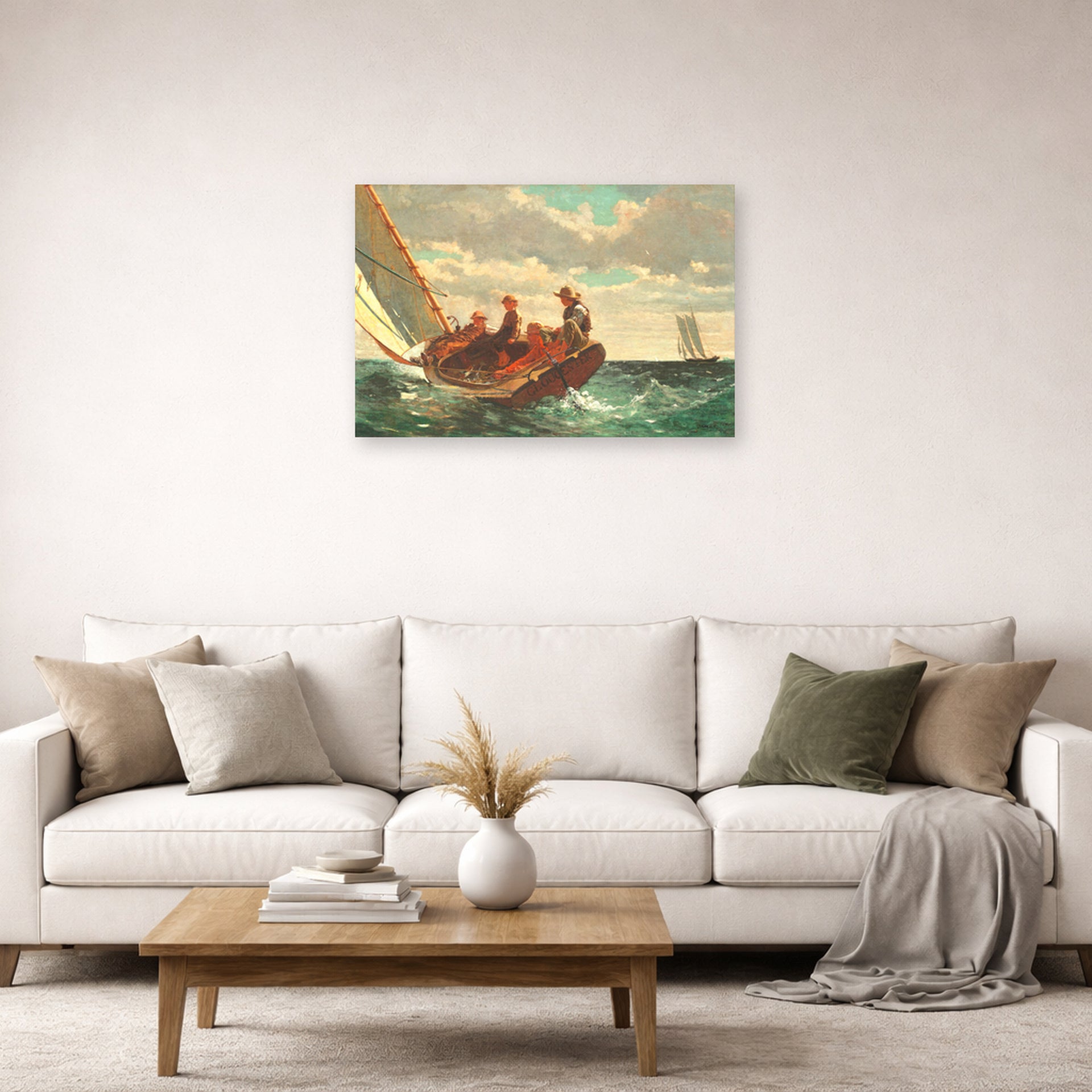 Unframed poster print of Winslow Homer's Breezing Up displayed on a wall in a living room