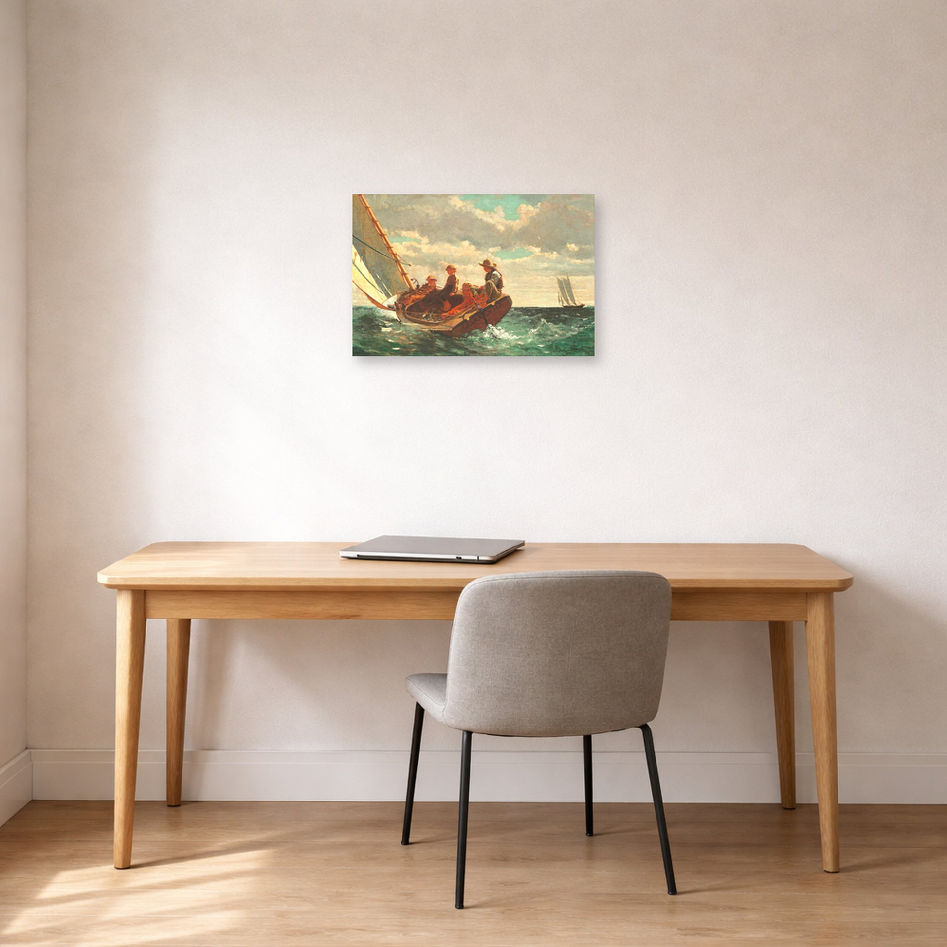 Unframed poster print of Winslow Homer's Breezing Up displayed on a wall in an office