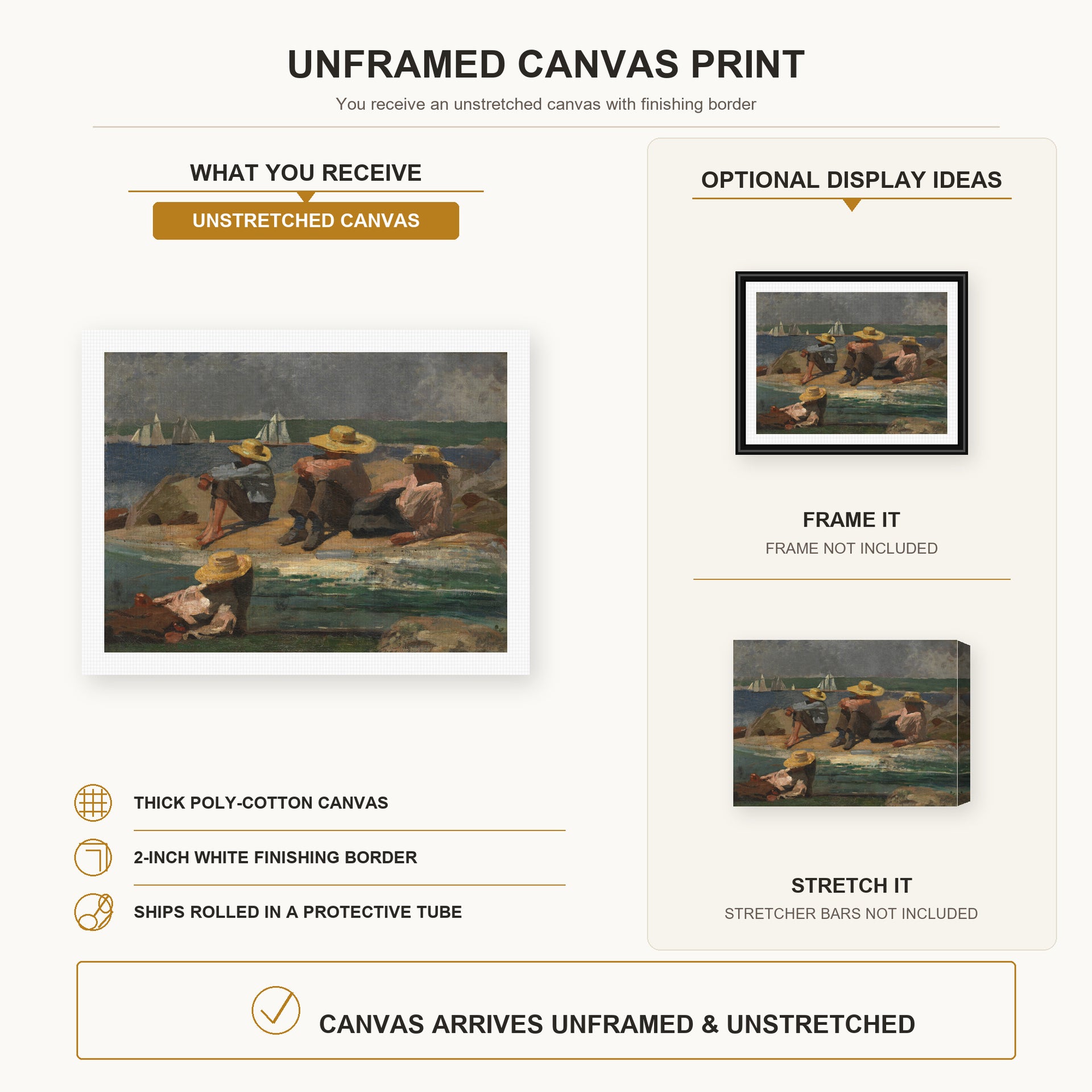 Winslow Homer - Children on the Beach canvas print size comparison and framing display infographic