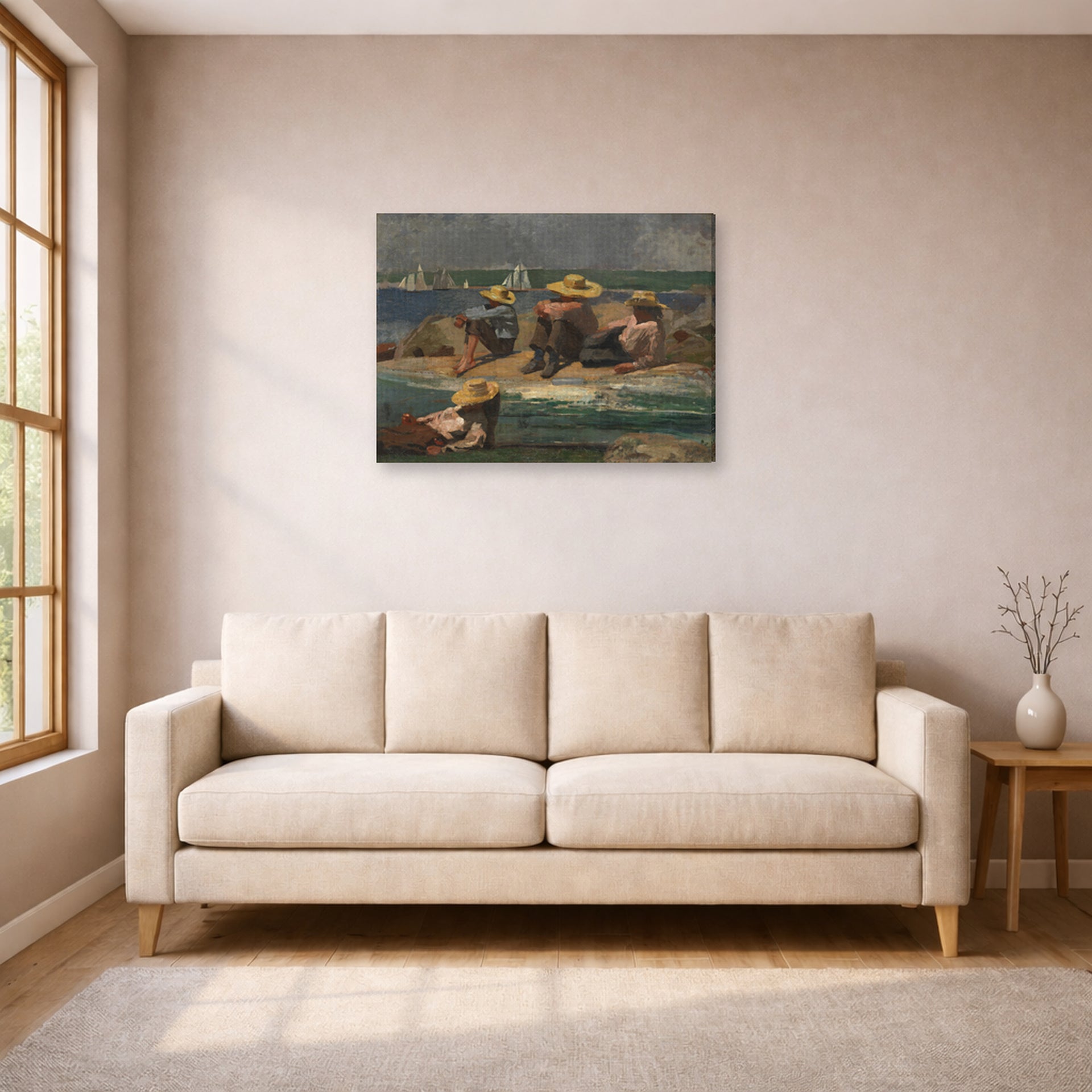 Gallery-wrapped canvas print of Winslow Homer's Children on the Beach displayed on a wall in a living room