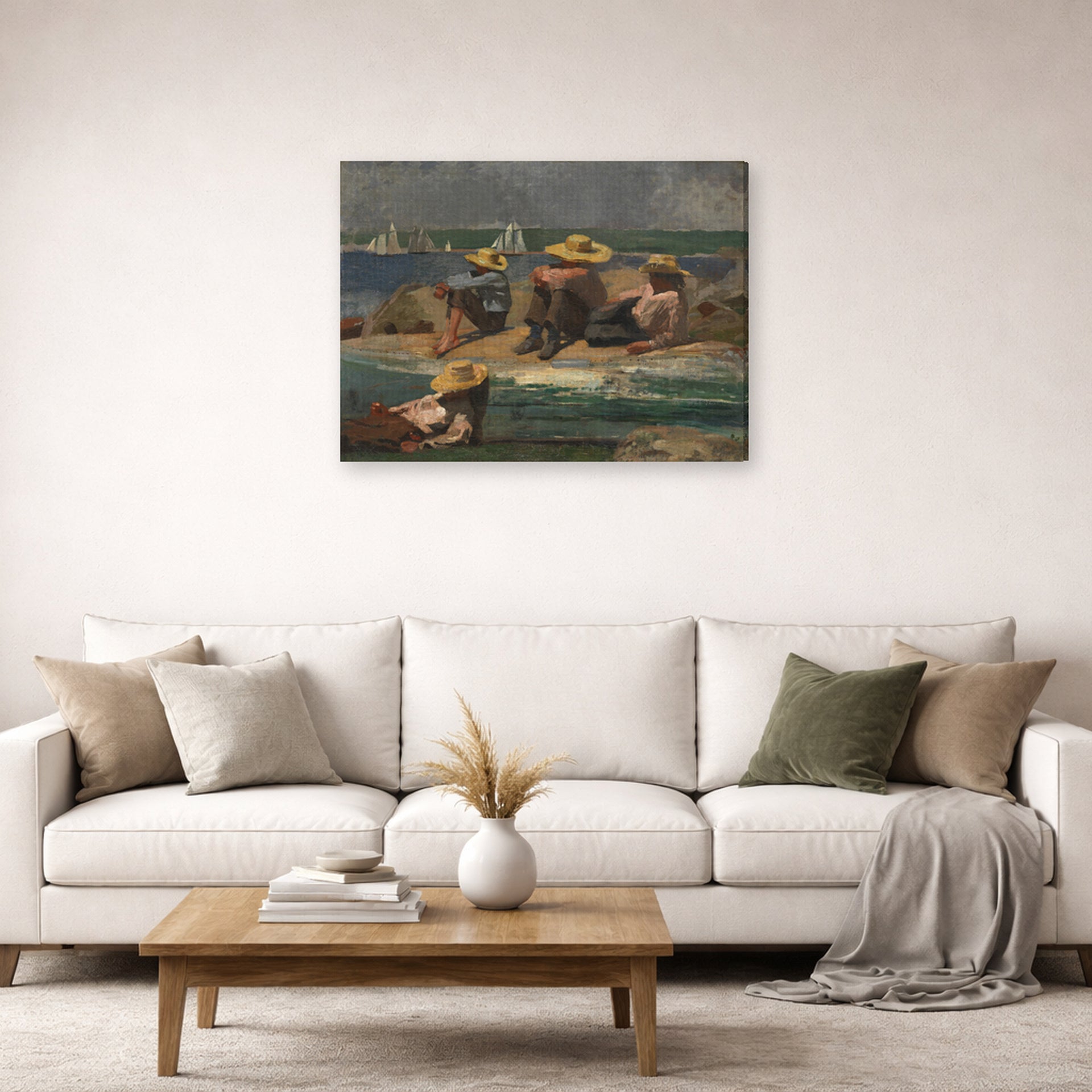 Gallery-wrapped canvas print of Winslow Homer's Children on the Beach displayed on a wall in a living room