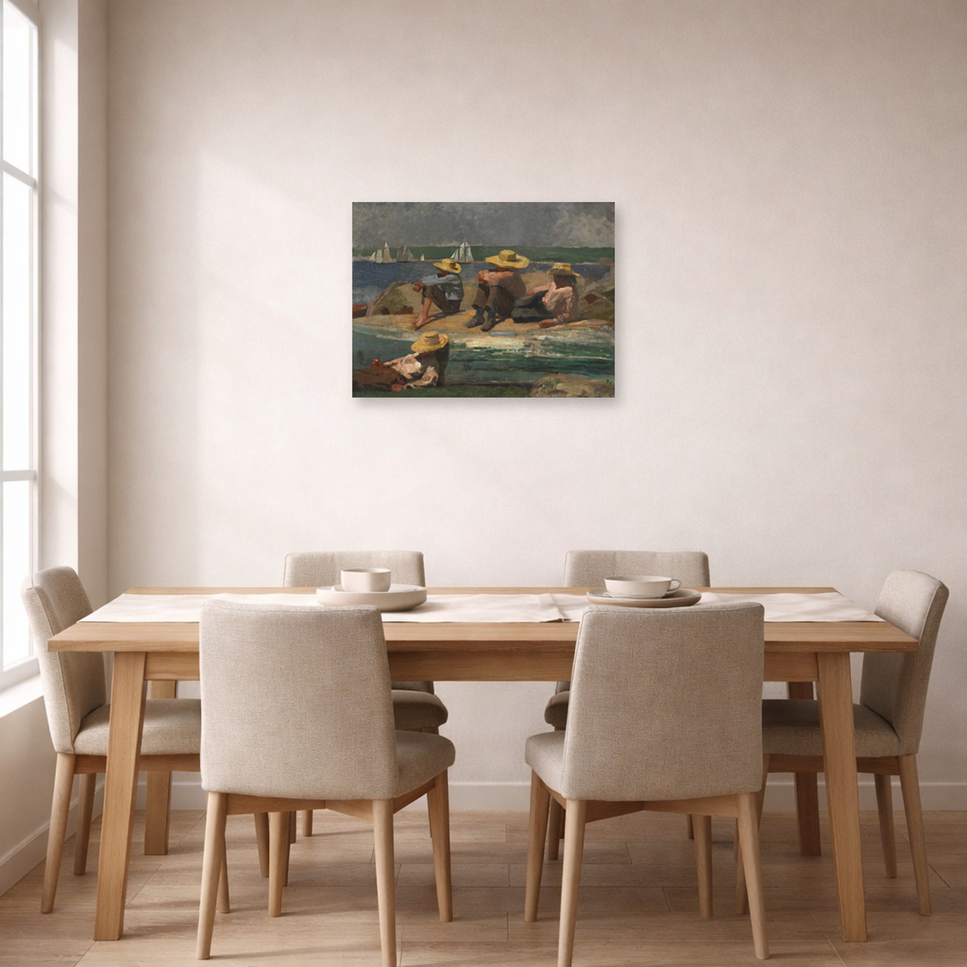 Unframed poster print of Winslow Homer's Children on the Beach displayed on a wall in a dining room