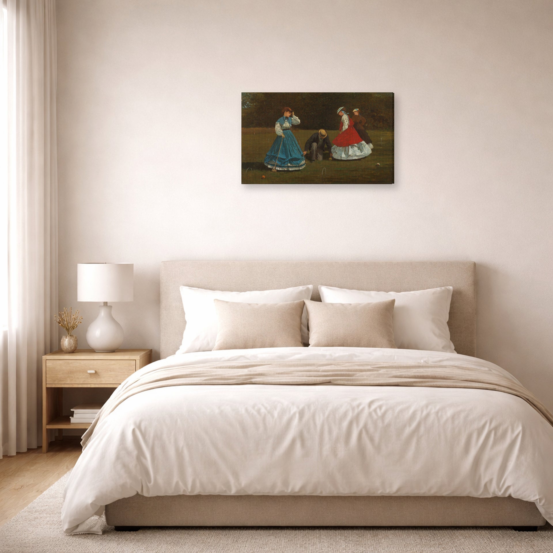 Gallery-wrapped canvas print of Winslow Homer's Croquet Scene displayed on a wall in a bedroom
