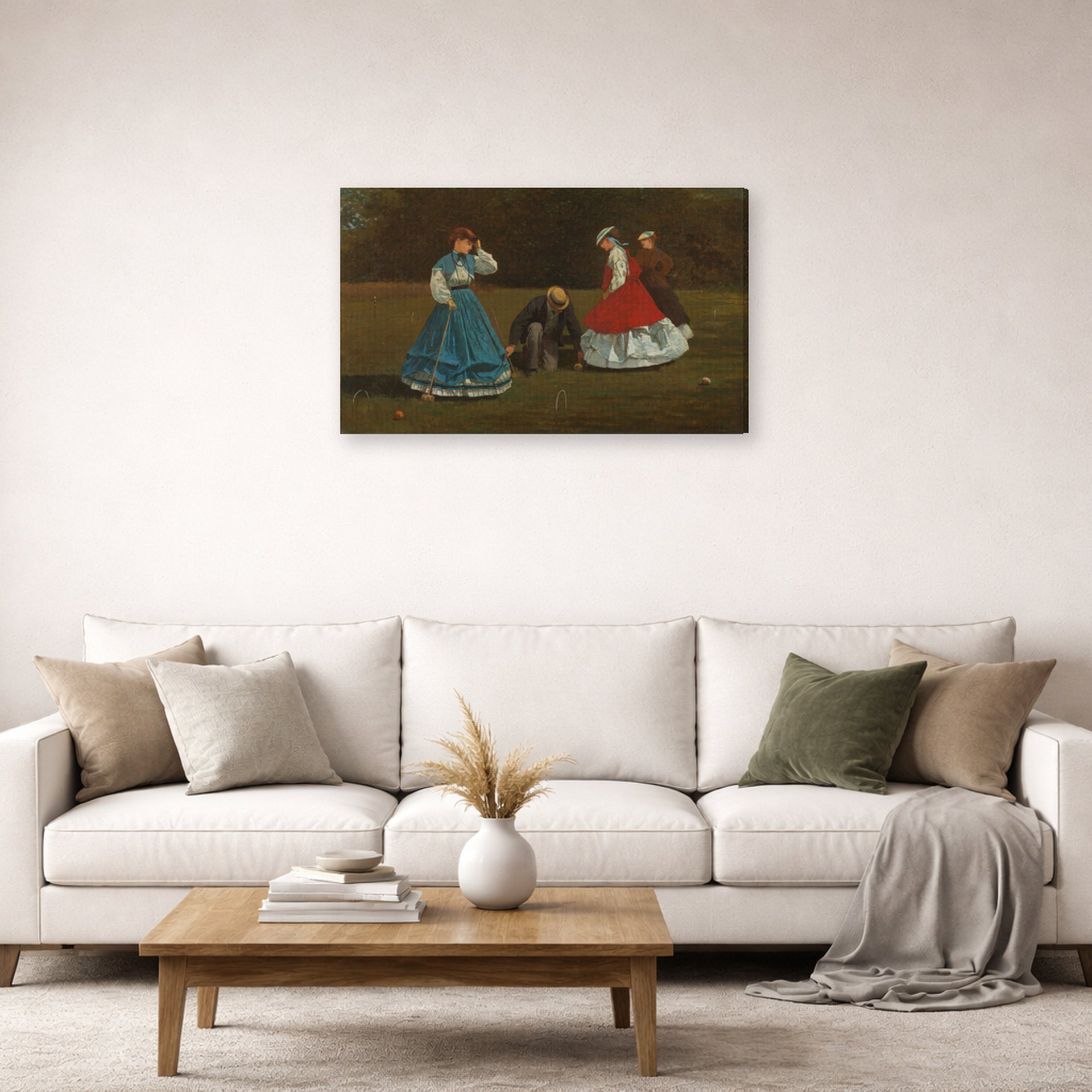 Gallery-wrapped canvas print of Winslow Homer's Croquet Scene displayed on a wall in a living room