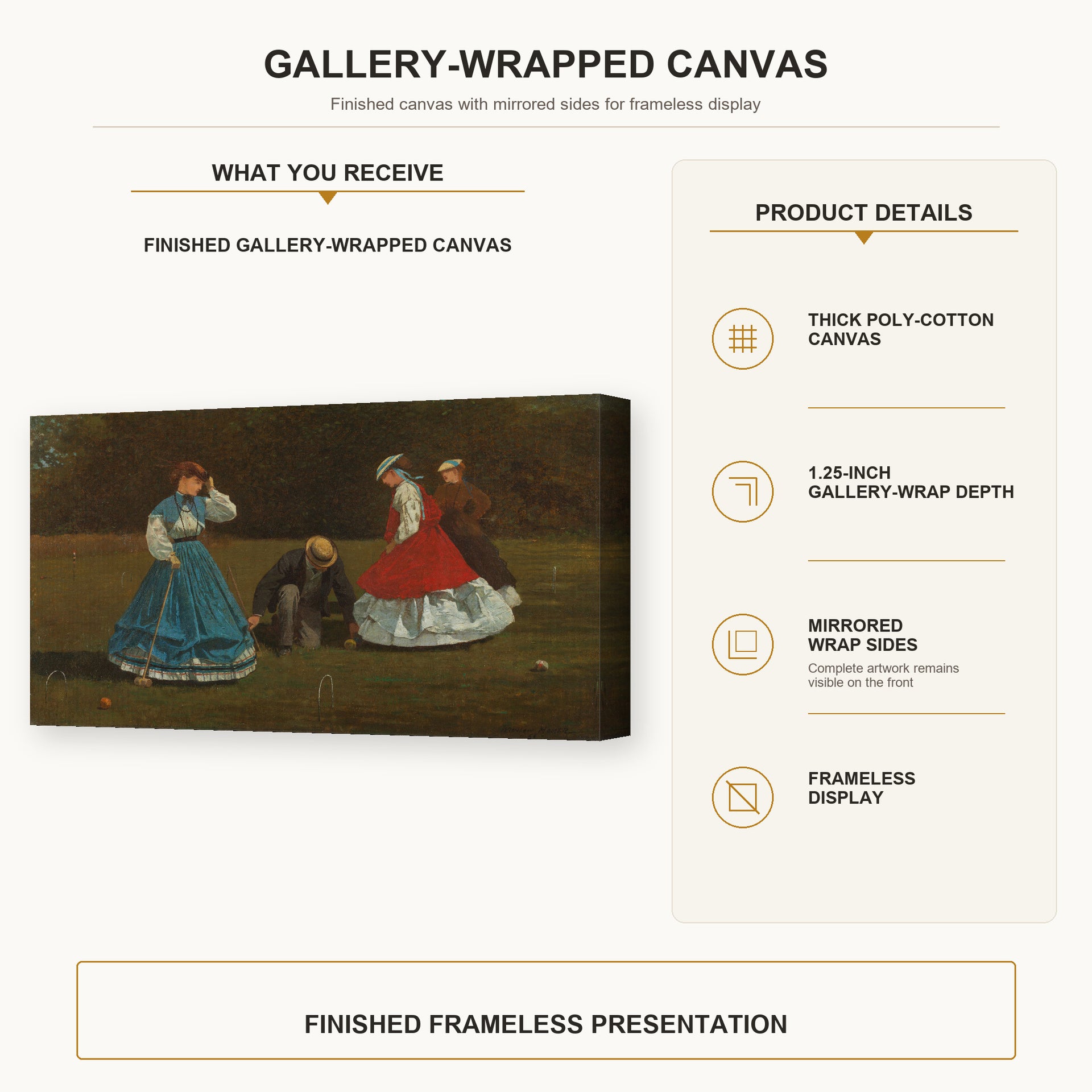 Winslow Homer - Croquet Scene gallery wrap canvas construction and hanging details infographic