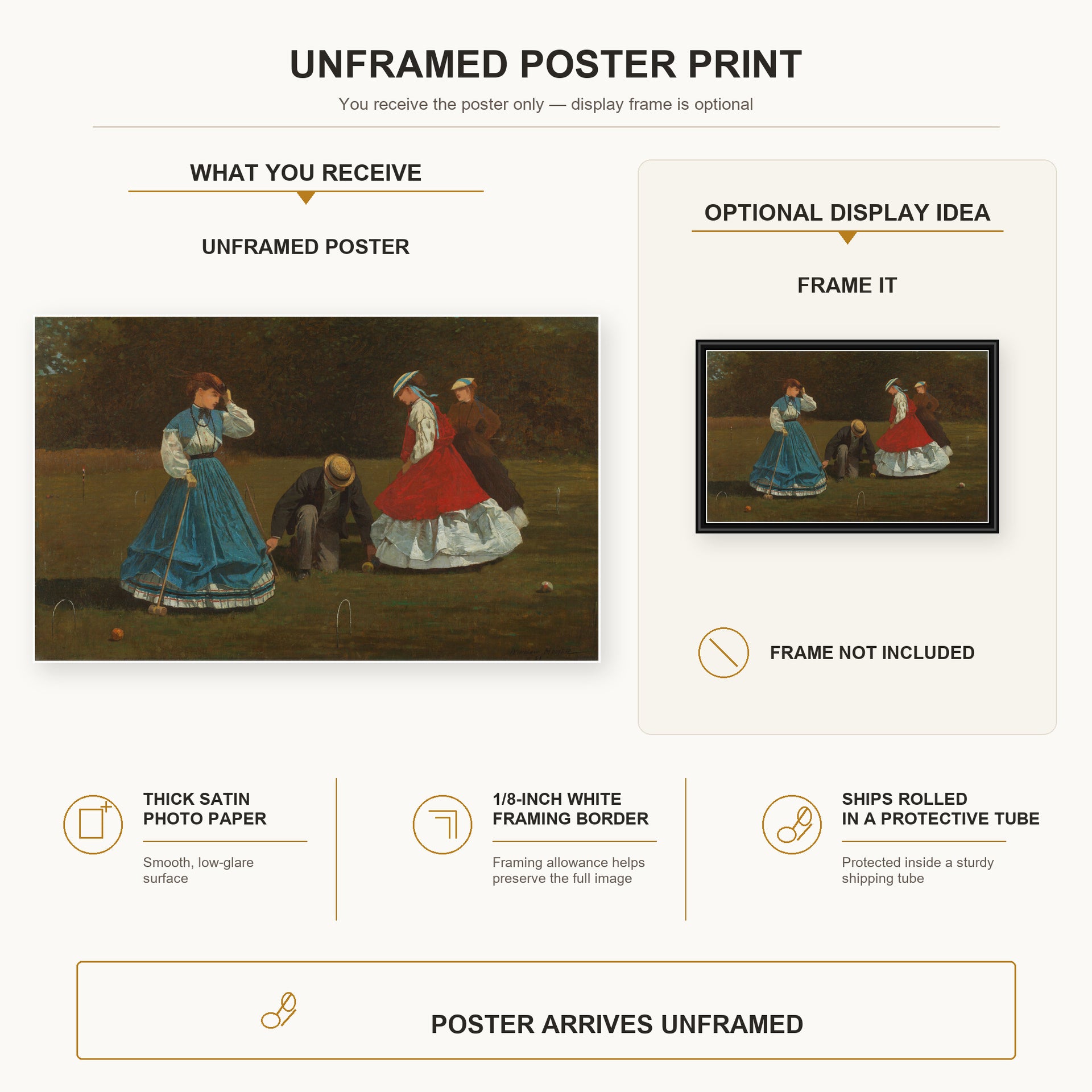 Winslow Homer - Croquet Scene poster print size comparison and framing display infographic