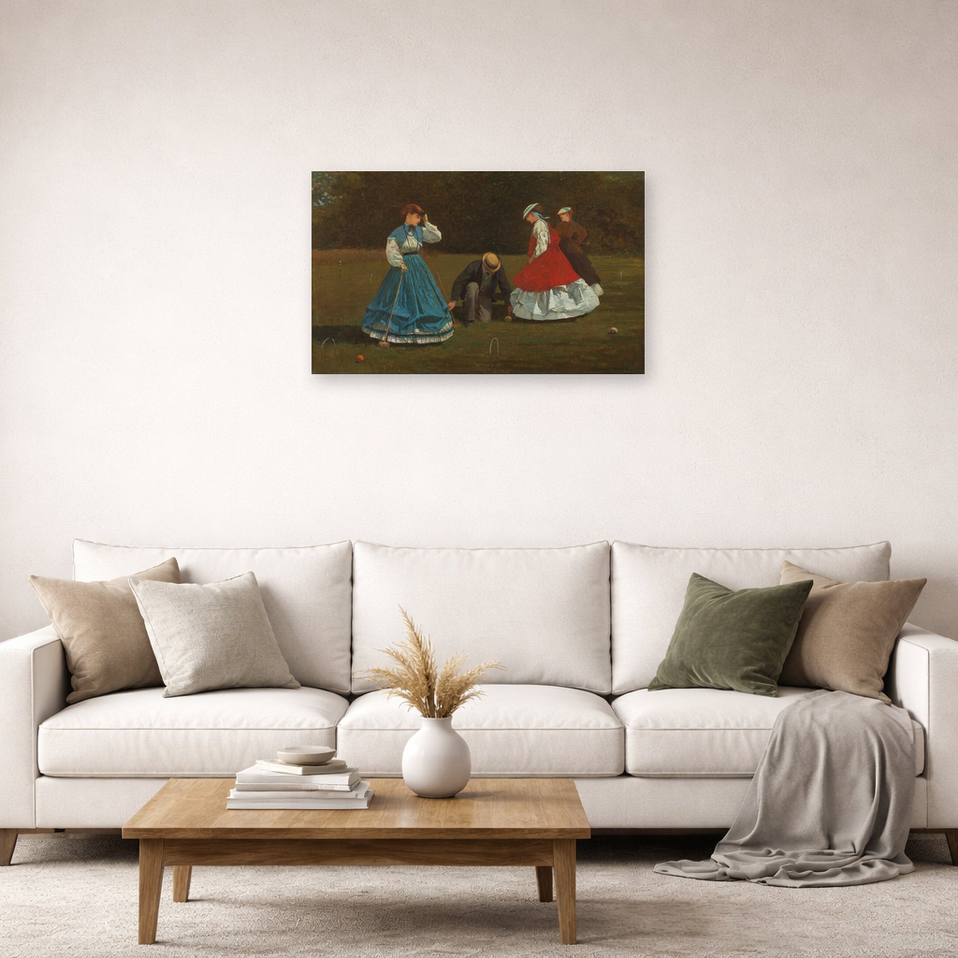 Unframed poster print of Winslow Homer's Croquet Scene displayed on a wall in a living room