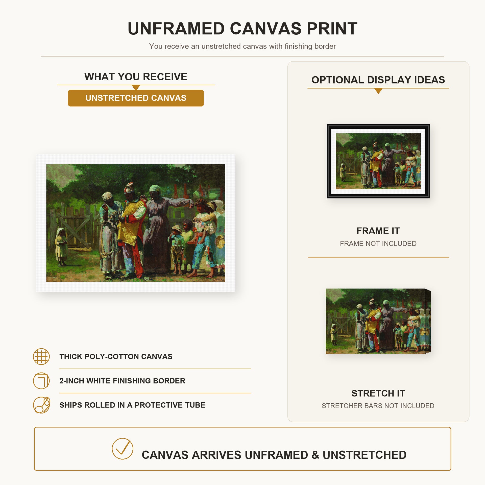 Winslow Homer - Dressing for the Carnival canvas print size comparison and framing display infographic