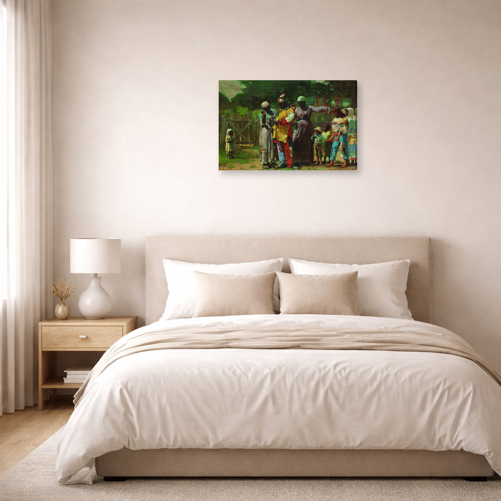 Gallery-wrapped canvas print of Winslow Homer's Dressing for the Carnival displayed on a wall in a bedroom