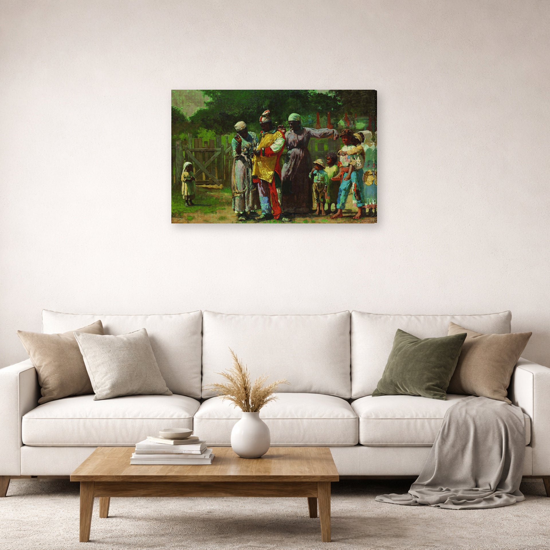 Gallery-wrapped canvas print of Winslow Homer's Dressing for the Carnival displayed on a wall in a living room