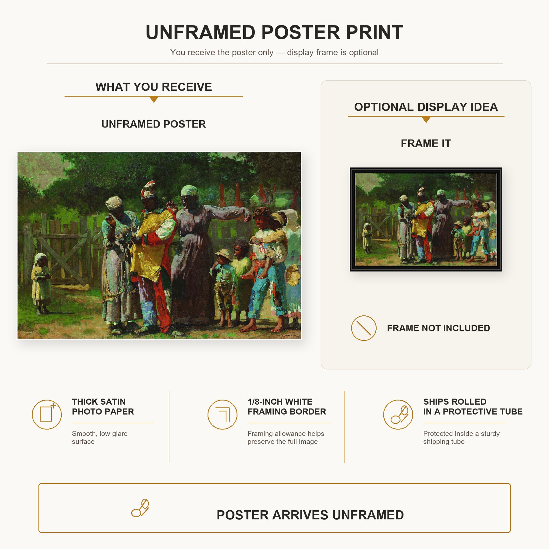 Winslow Homer - Dressing for the Carnival poster print size comparison and framing display infographic