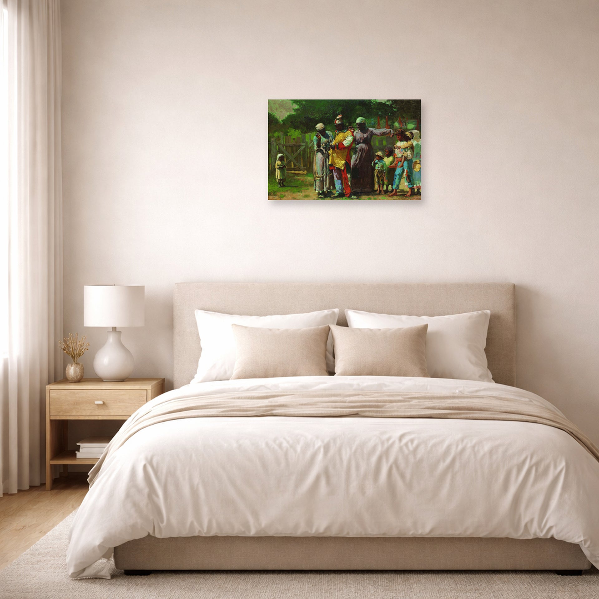 Unframed poster print of Winslow Homer's Dressing for the Carnival displayed on a wall in a bedroom