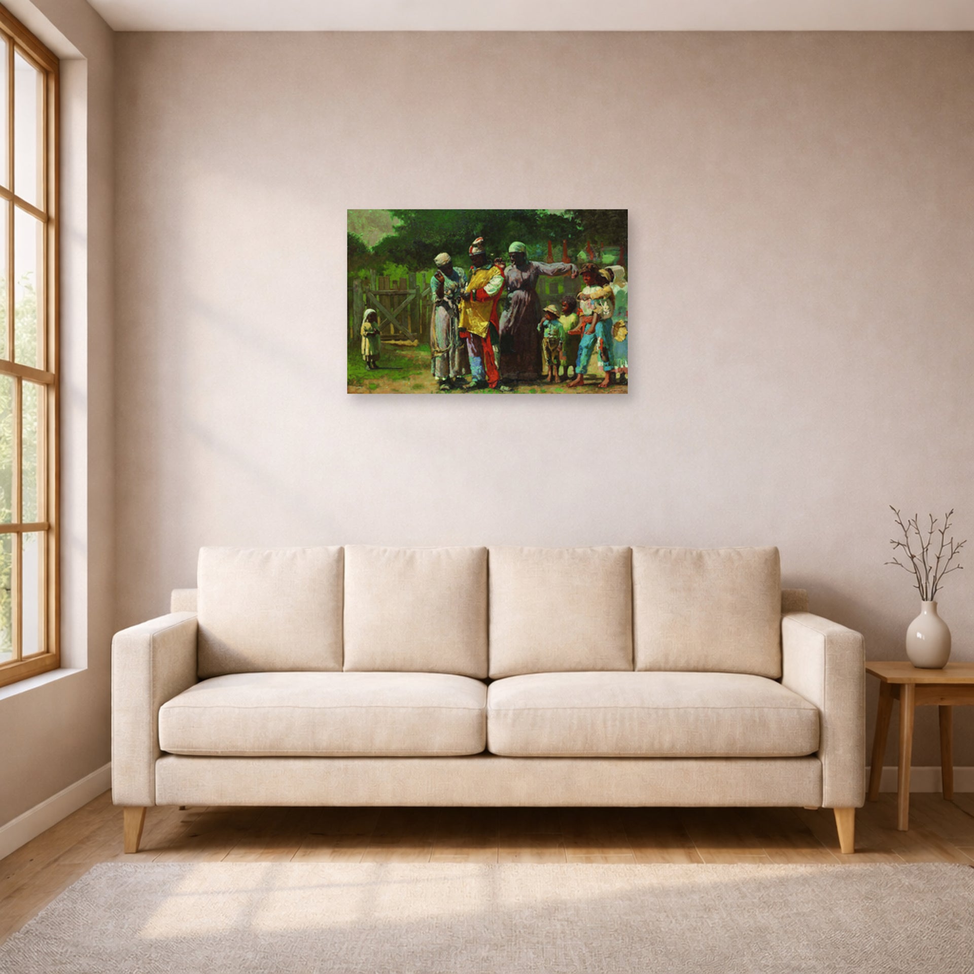 Unframed poster print of Winslow Homer's Dressing for the Carnival displayed on a wall in a living room